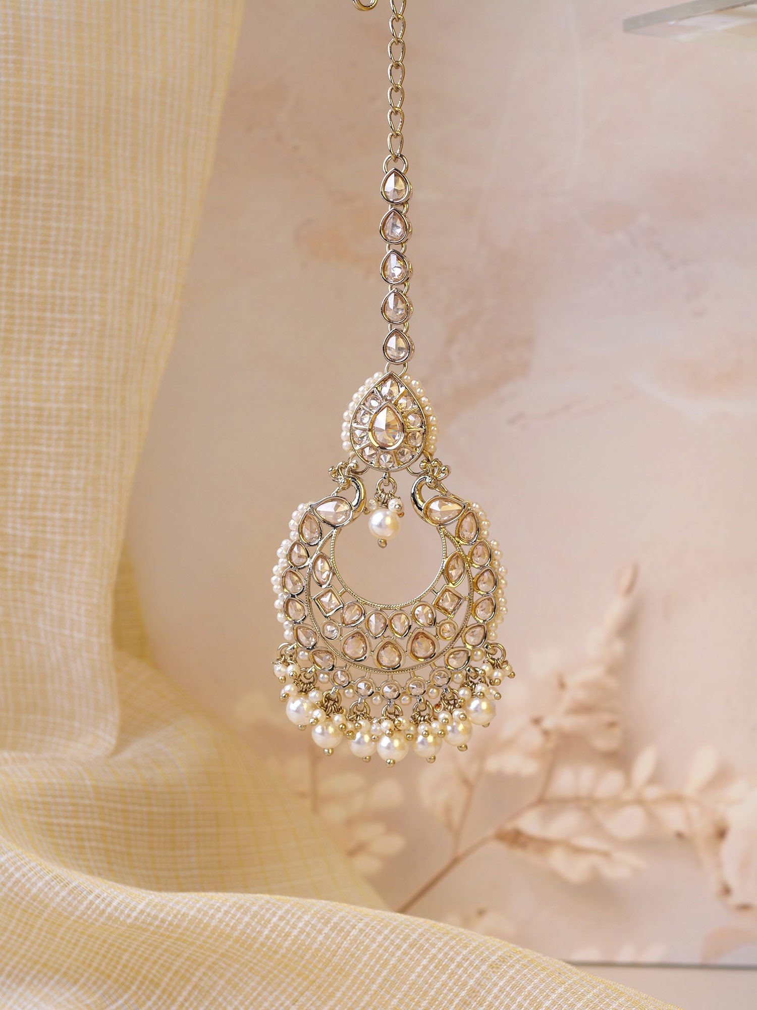 Manika Pearl Maang Tikka in Champagne