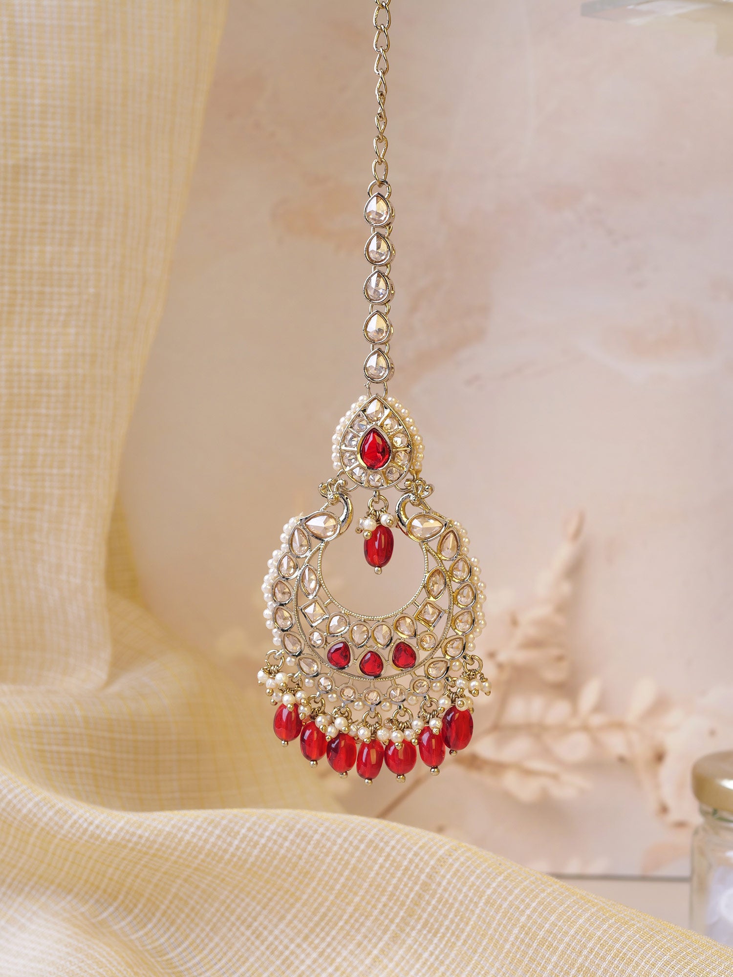 Manika Pearl Maang Tikka in Maroon
