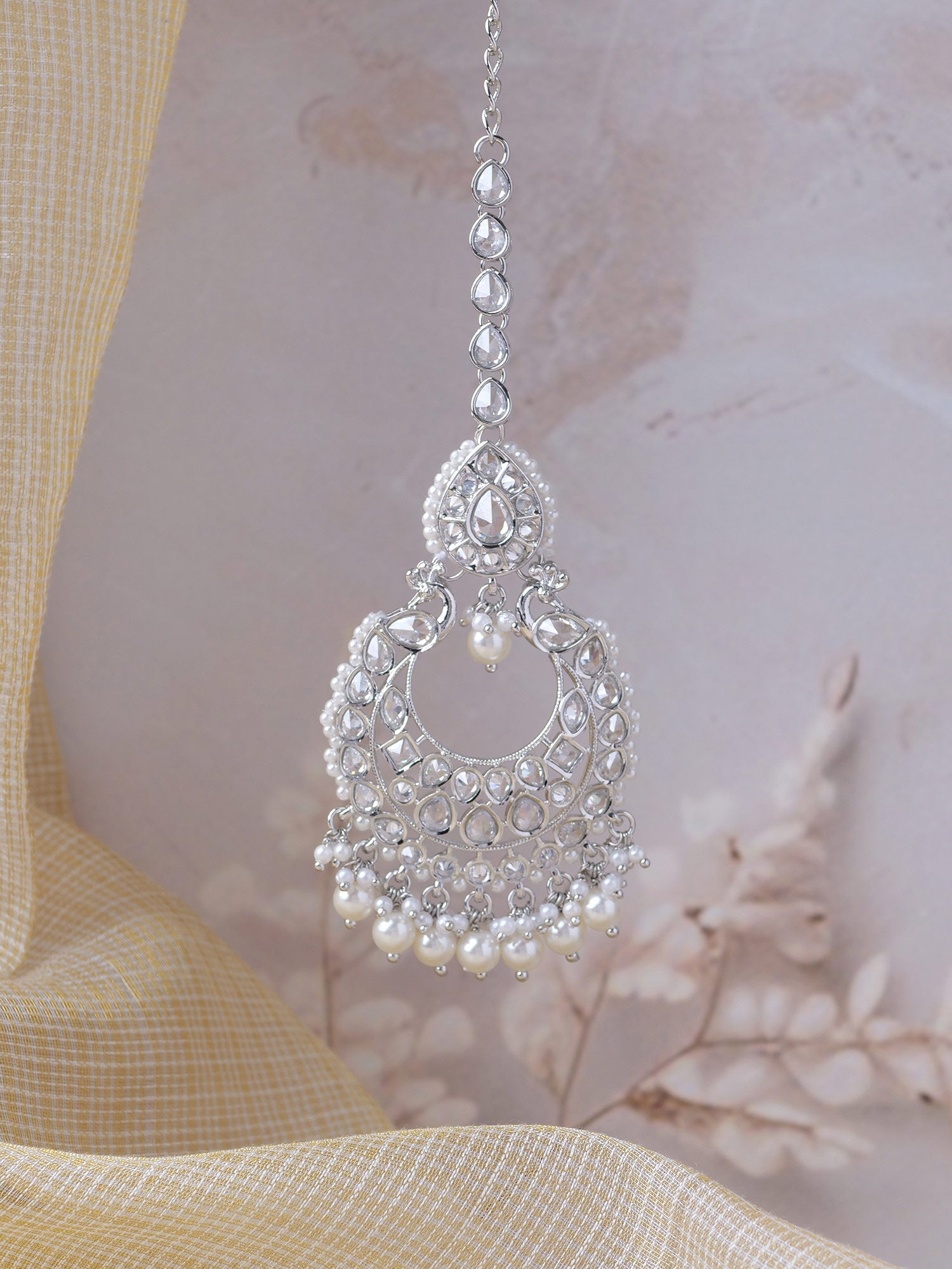 Manika Pearl Maang Tikka in Rhodium