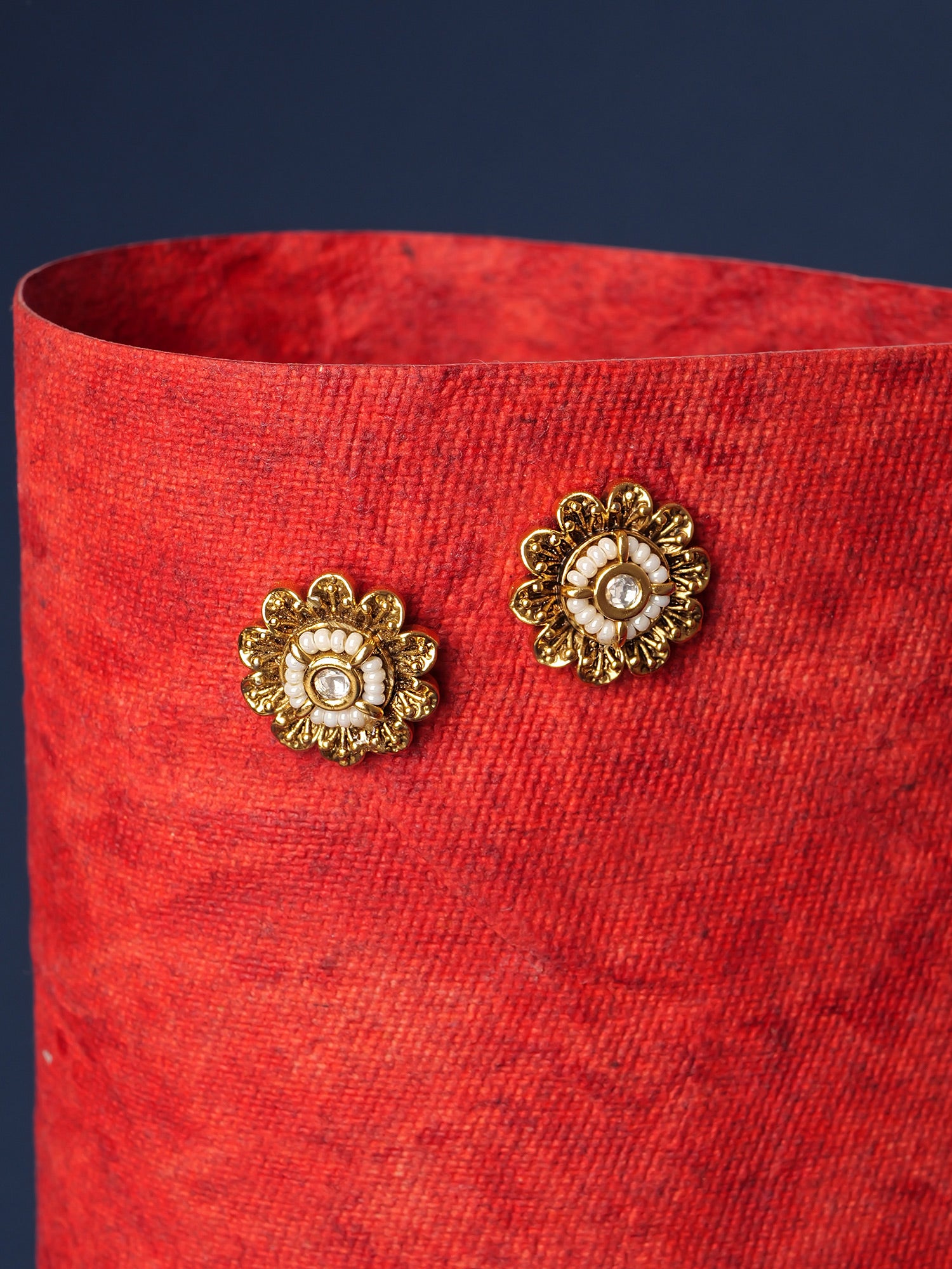 Megha Kundan Ear Studs in Pearl and Antique Gold