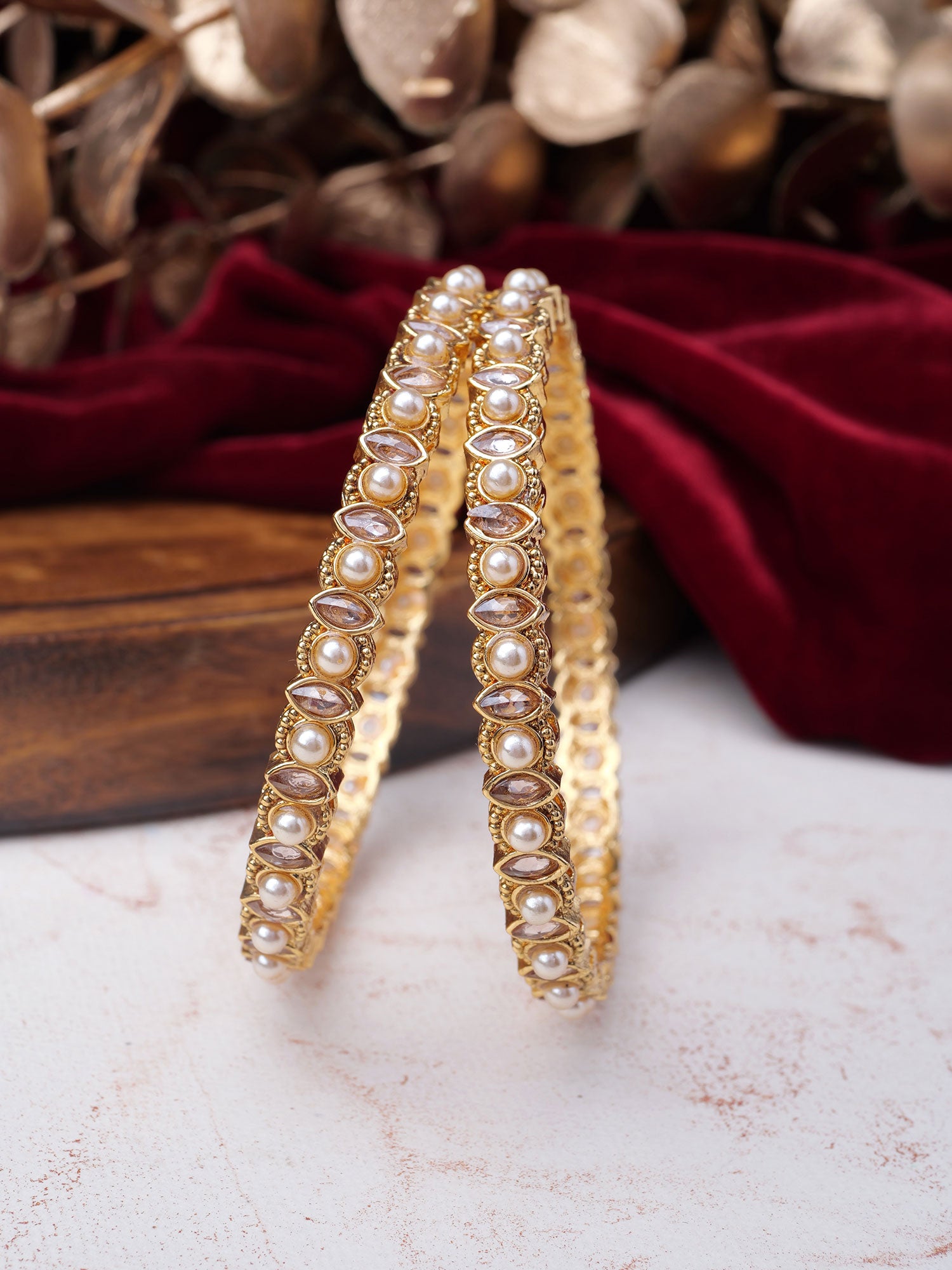 Mehroon Pearl Kada Bangles in Champagne