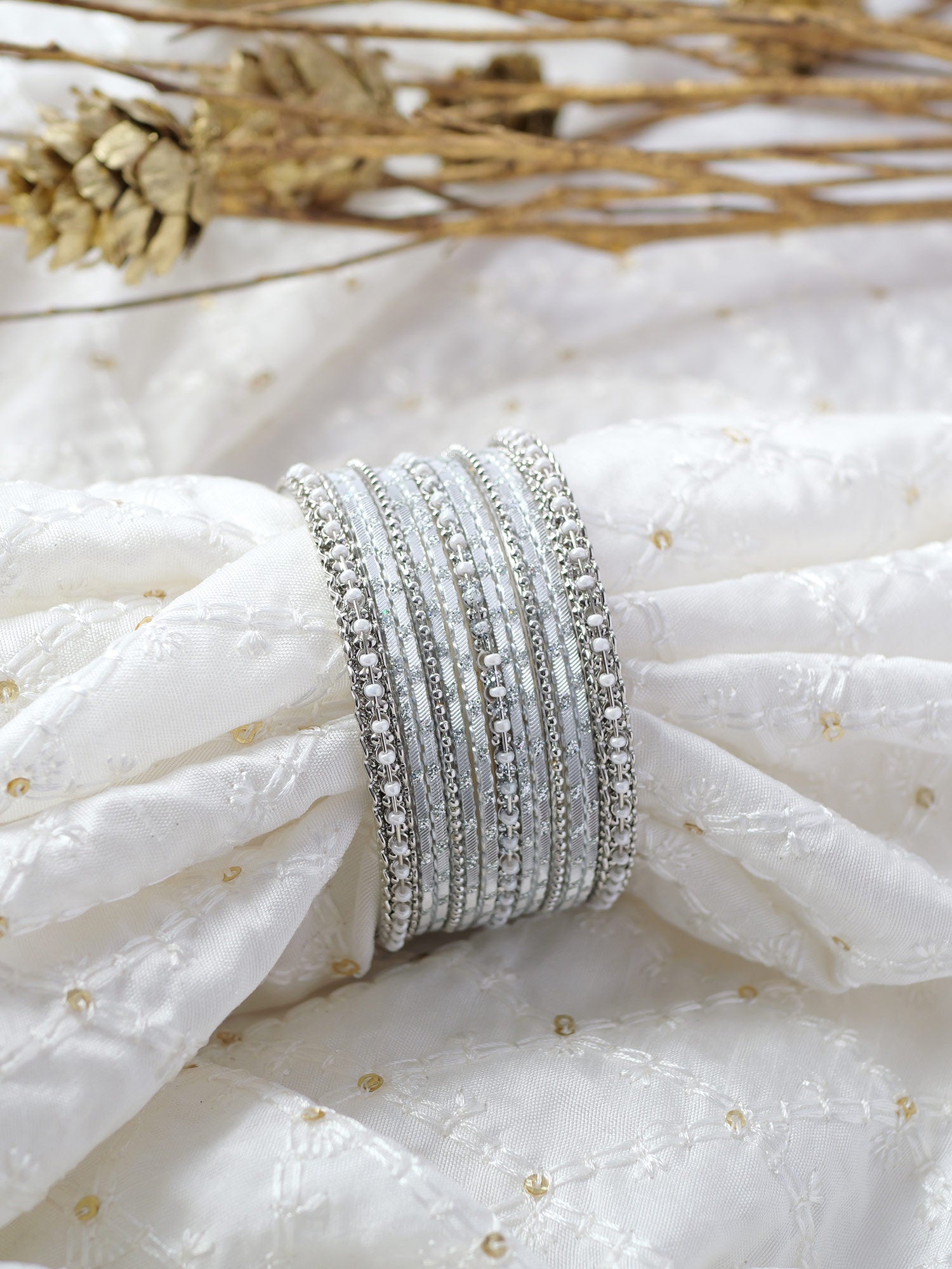 Mohini Bangle Set in Pearl and Rhodium