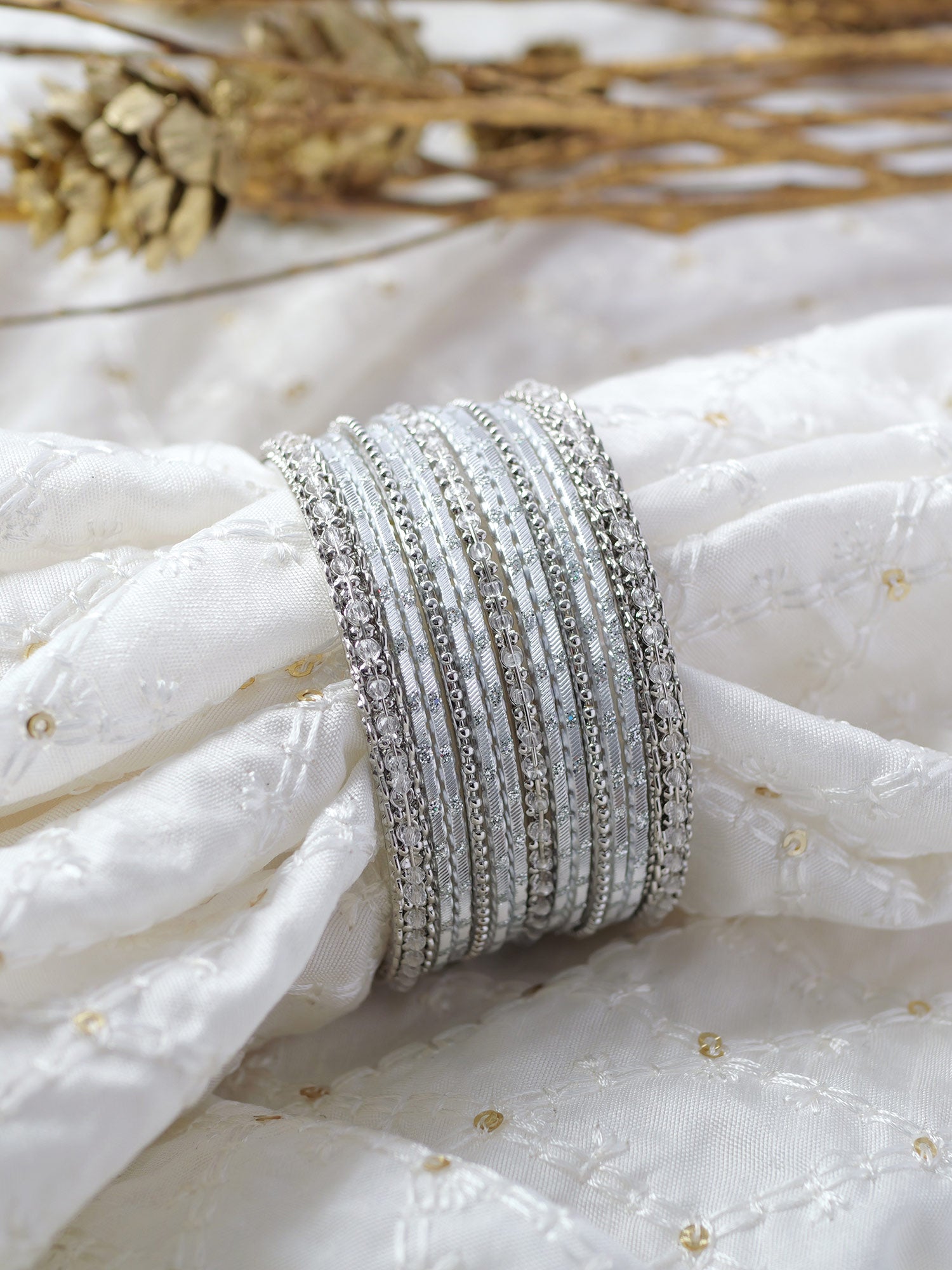 Mohini Bangle Set in White and Rhodium