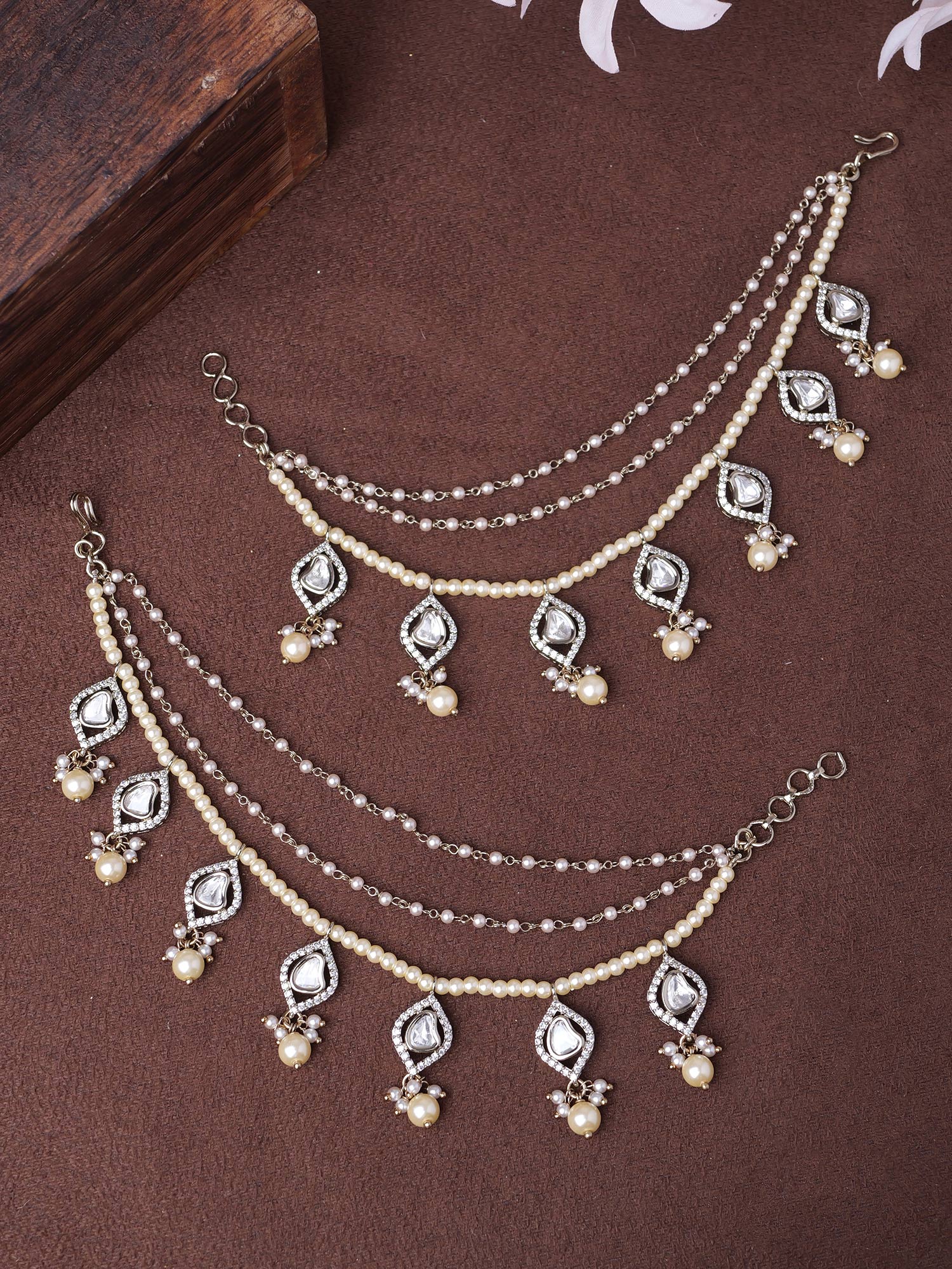 Naira Kundan Ear Chains in White
