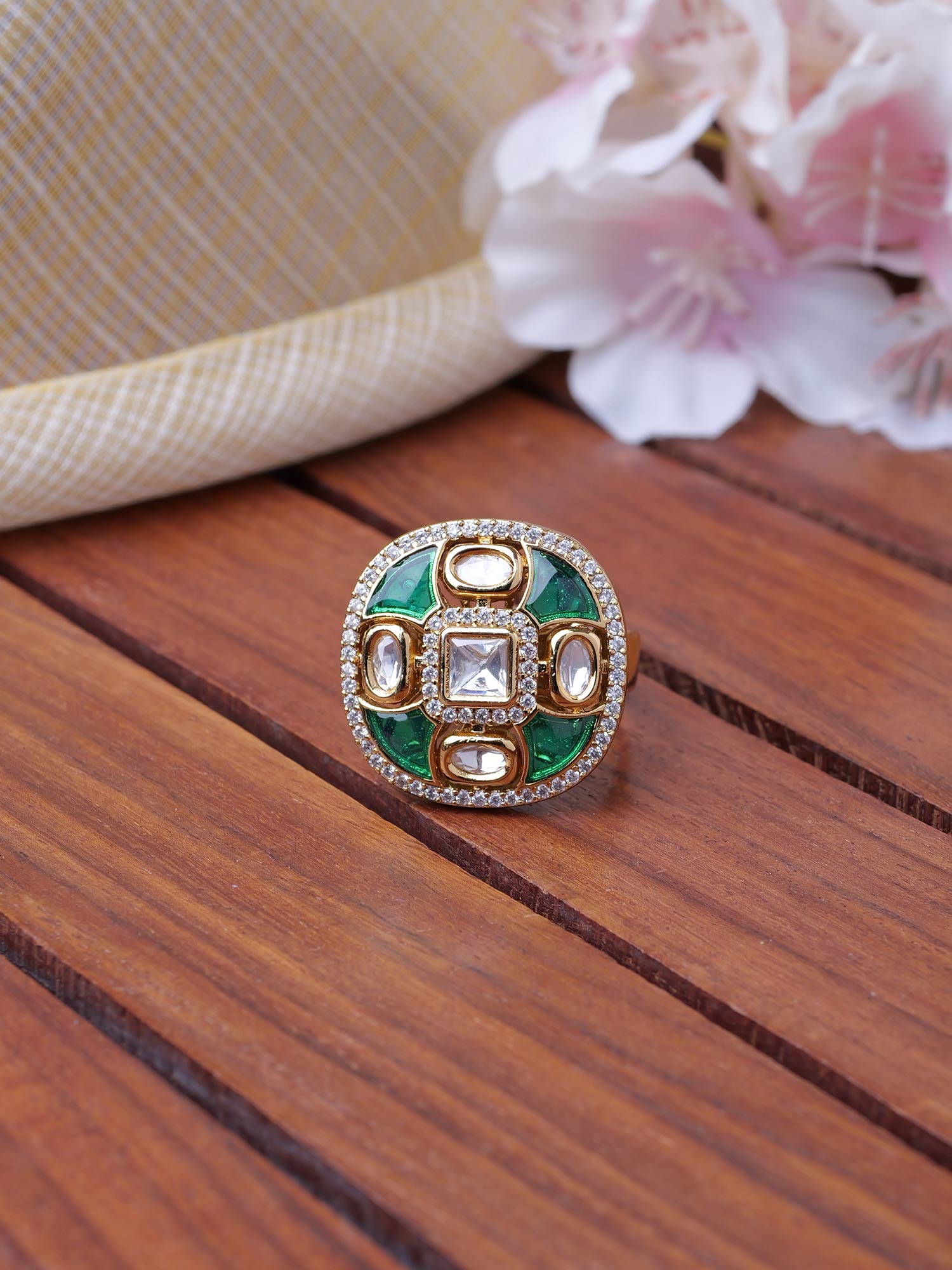 Nalini Kundan Ring in Green