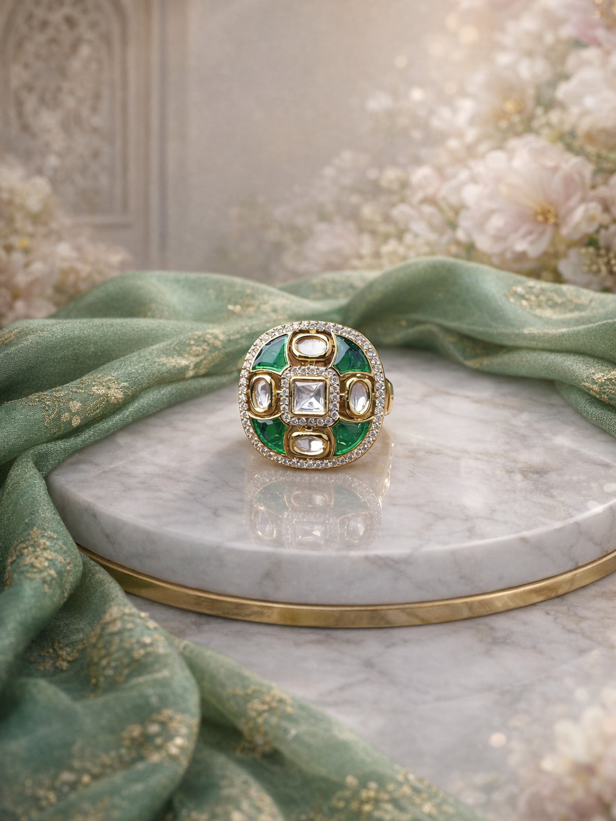 Nalini Kundan Ring in Green 