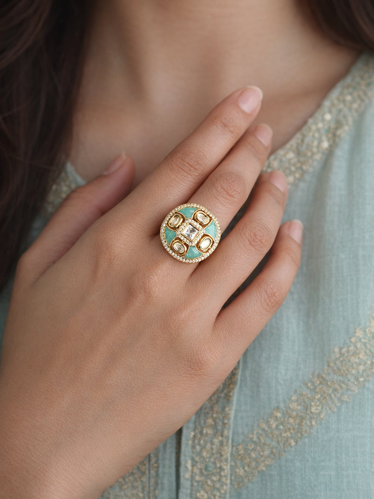 Nalini Kundan Ring in Pastel Jade 