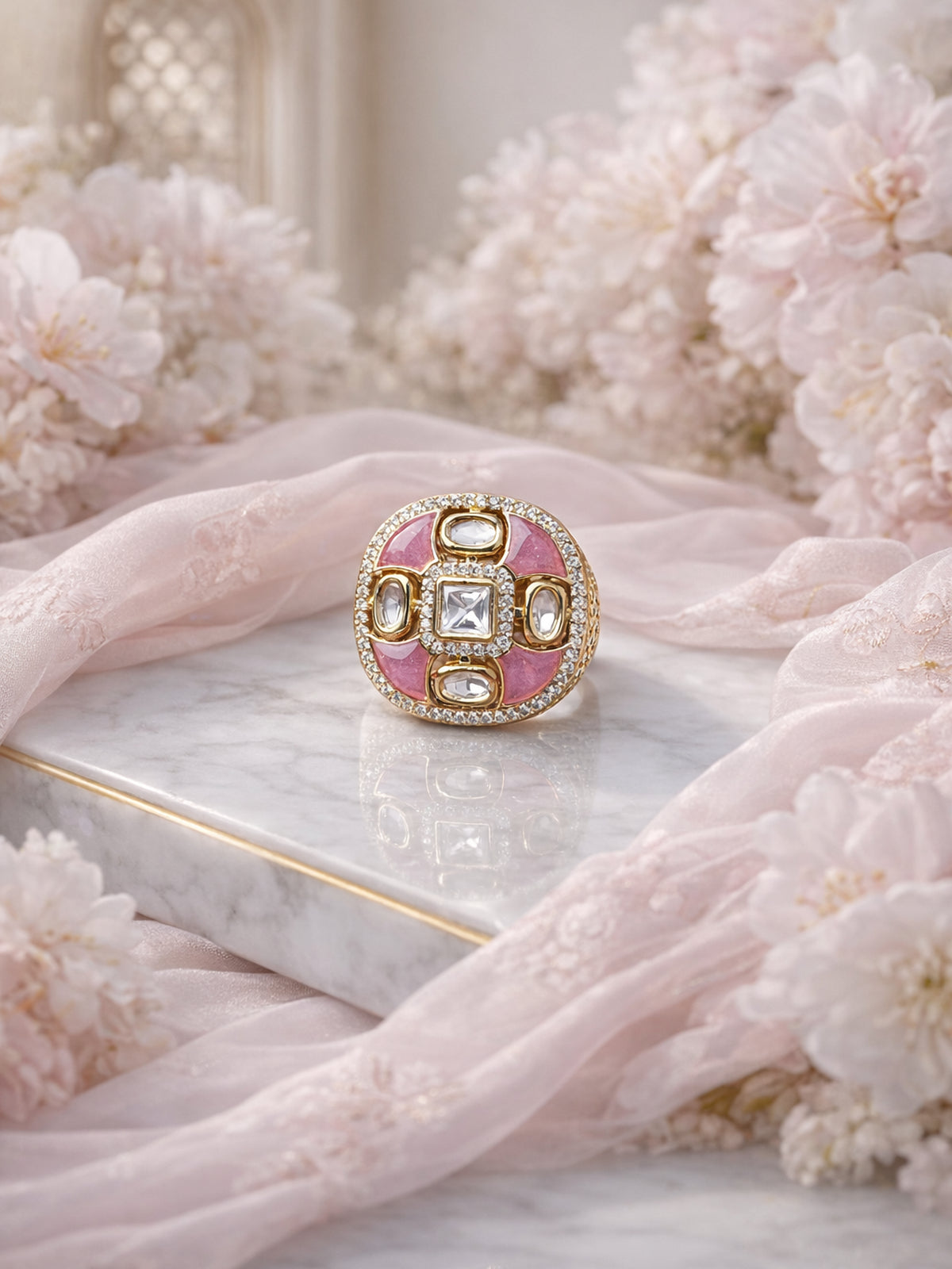 Nalini Kundan Ring in Pink 