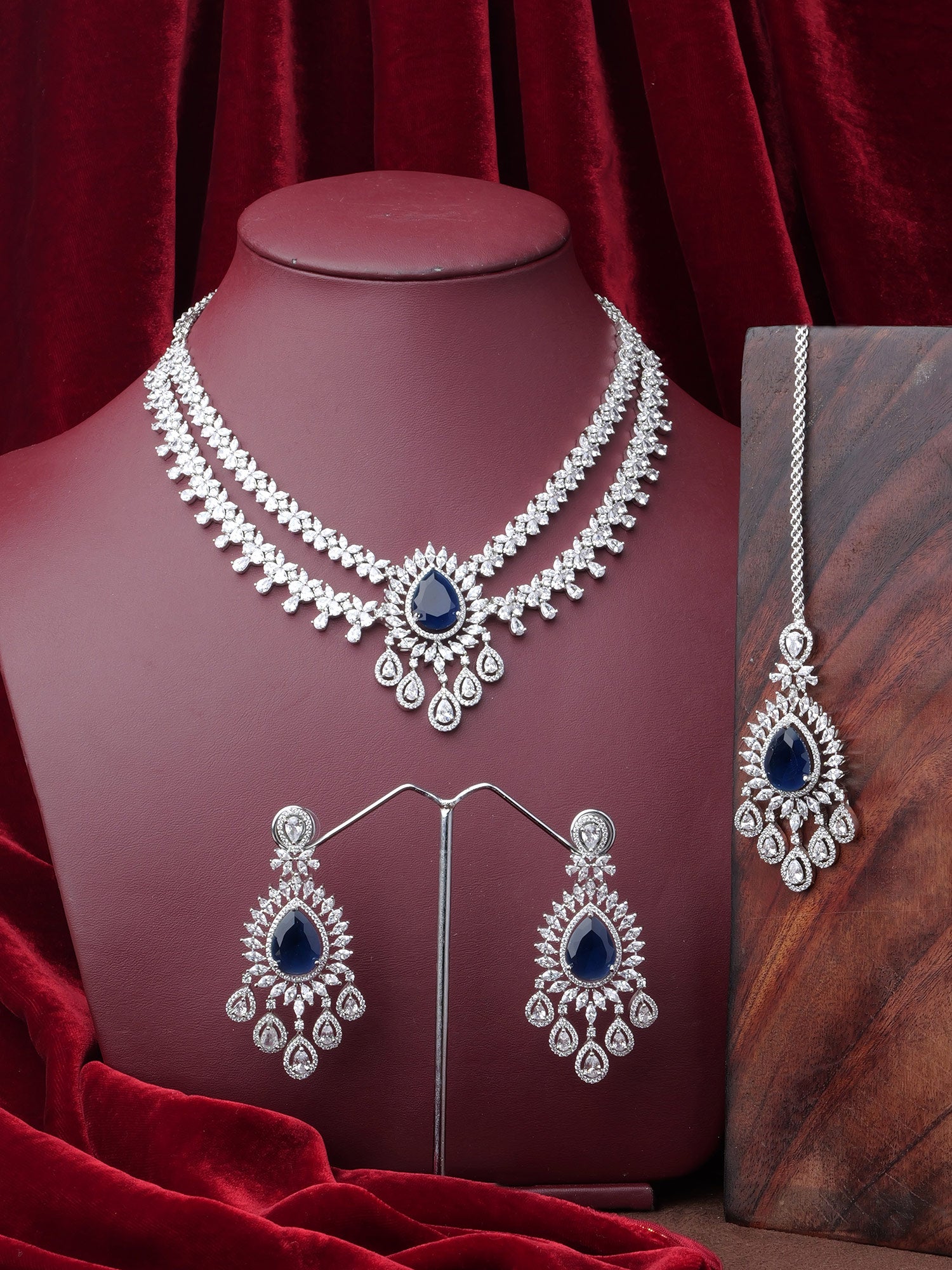 Navira Cubic Zirconia Necklace Set in Rhodium and Blue