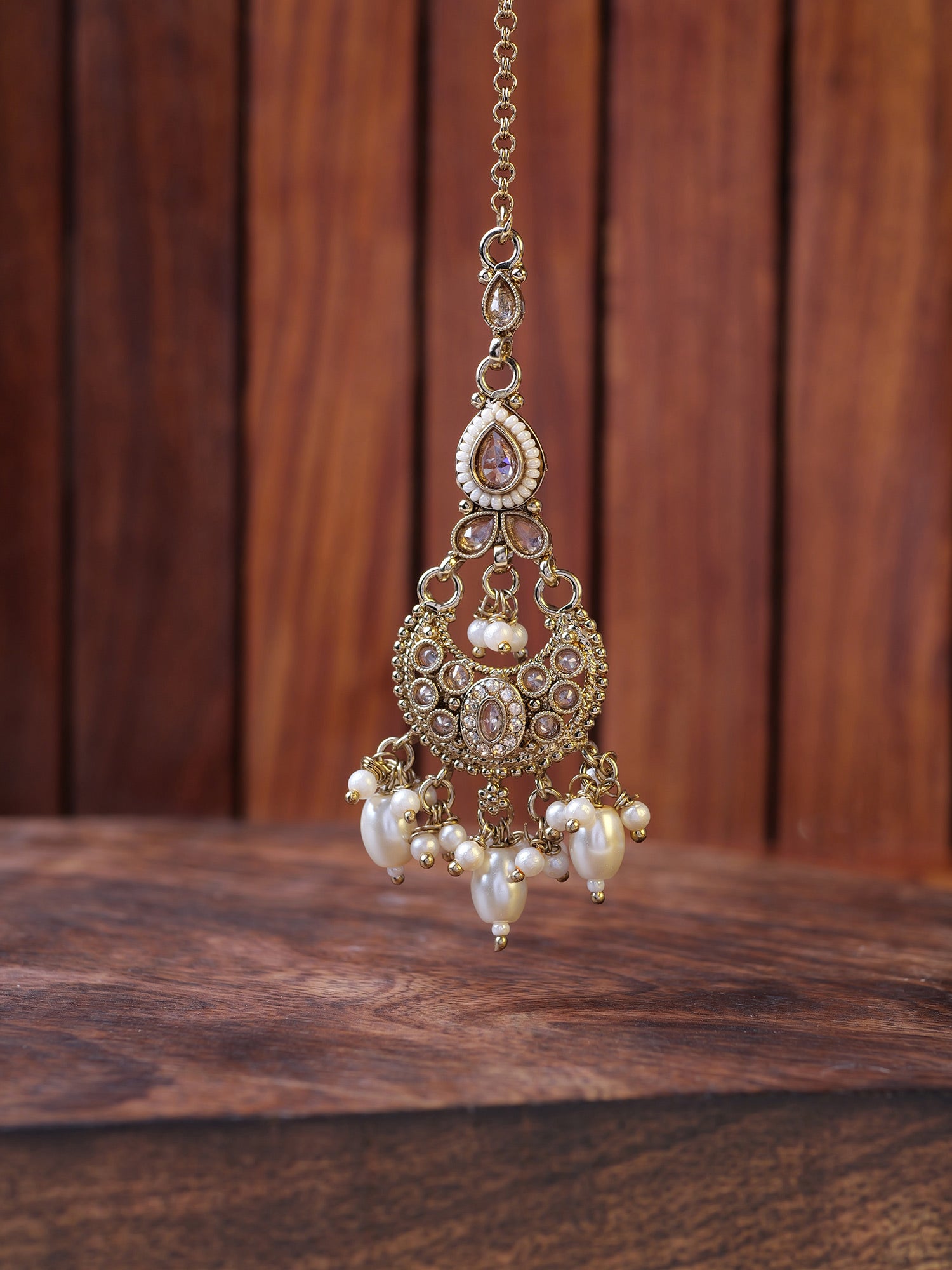 Nayla Pearl Maang Tikka in Champagne