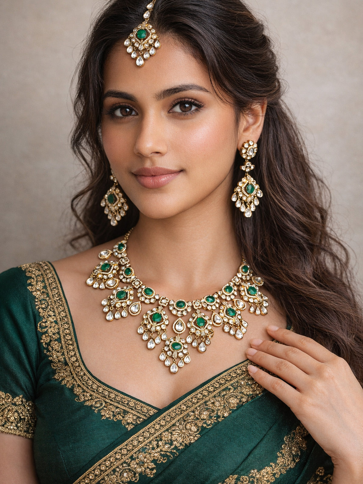 Nazneen Bridal Kundan Necklace Set in Green
