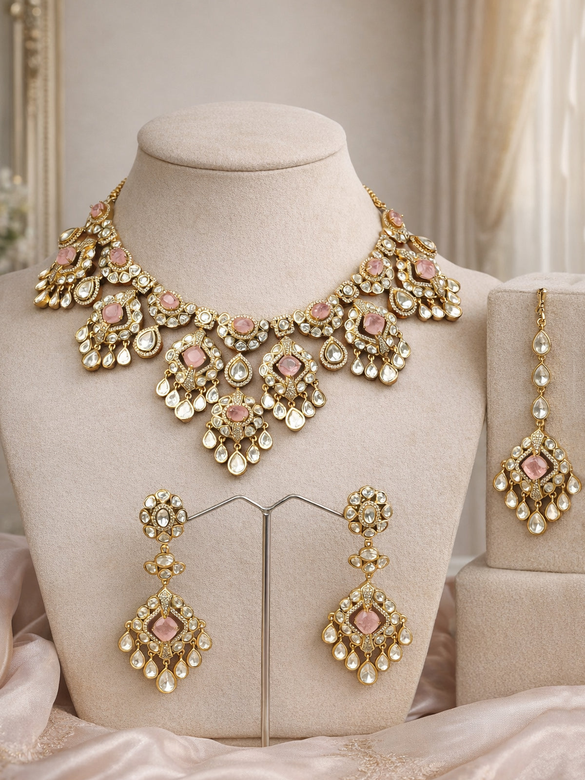 Nazneen Bridal Kundan Necklace Set in Pink 
