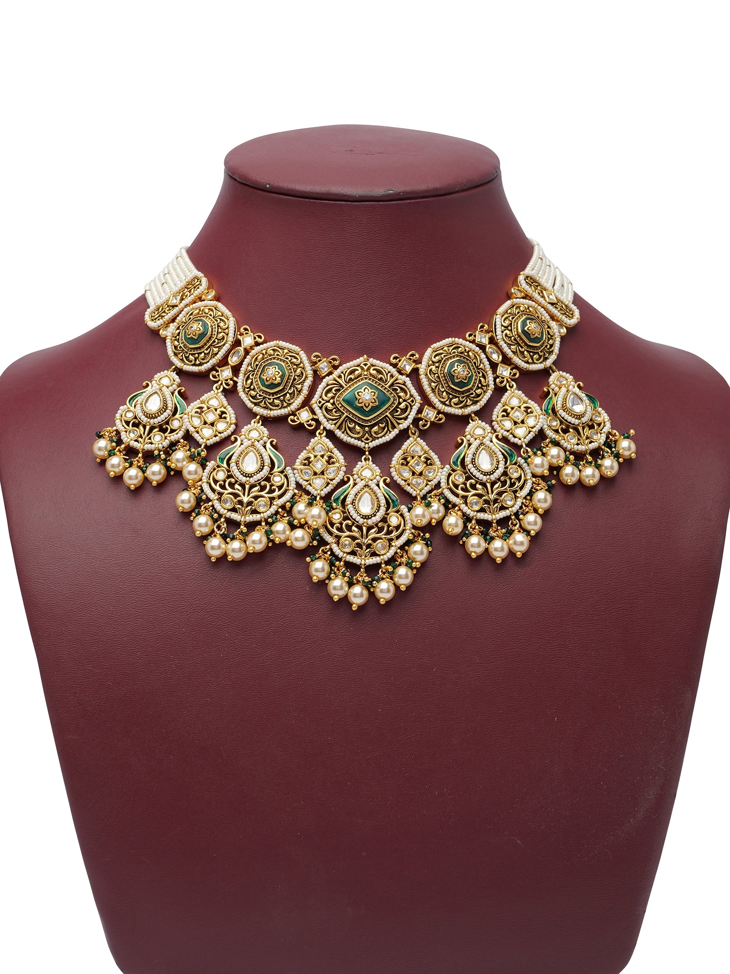 Nazrana Kundan Bridal Necklace Set in Green