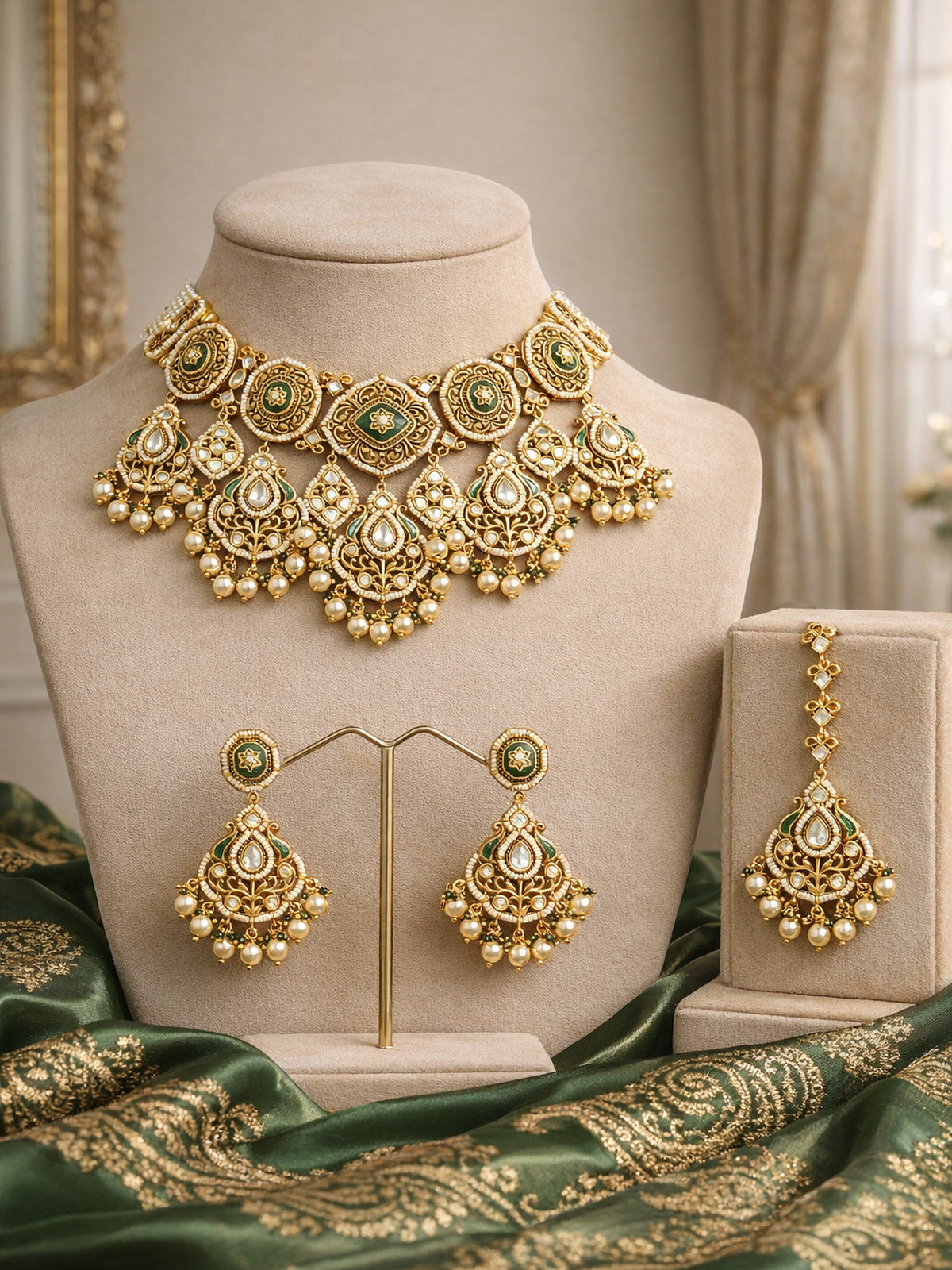 Nazrana Kundan Bridal Necklace Set in Green 