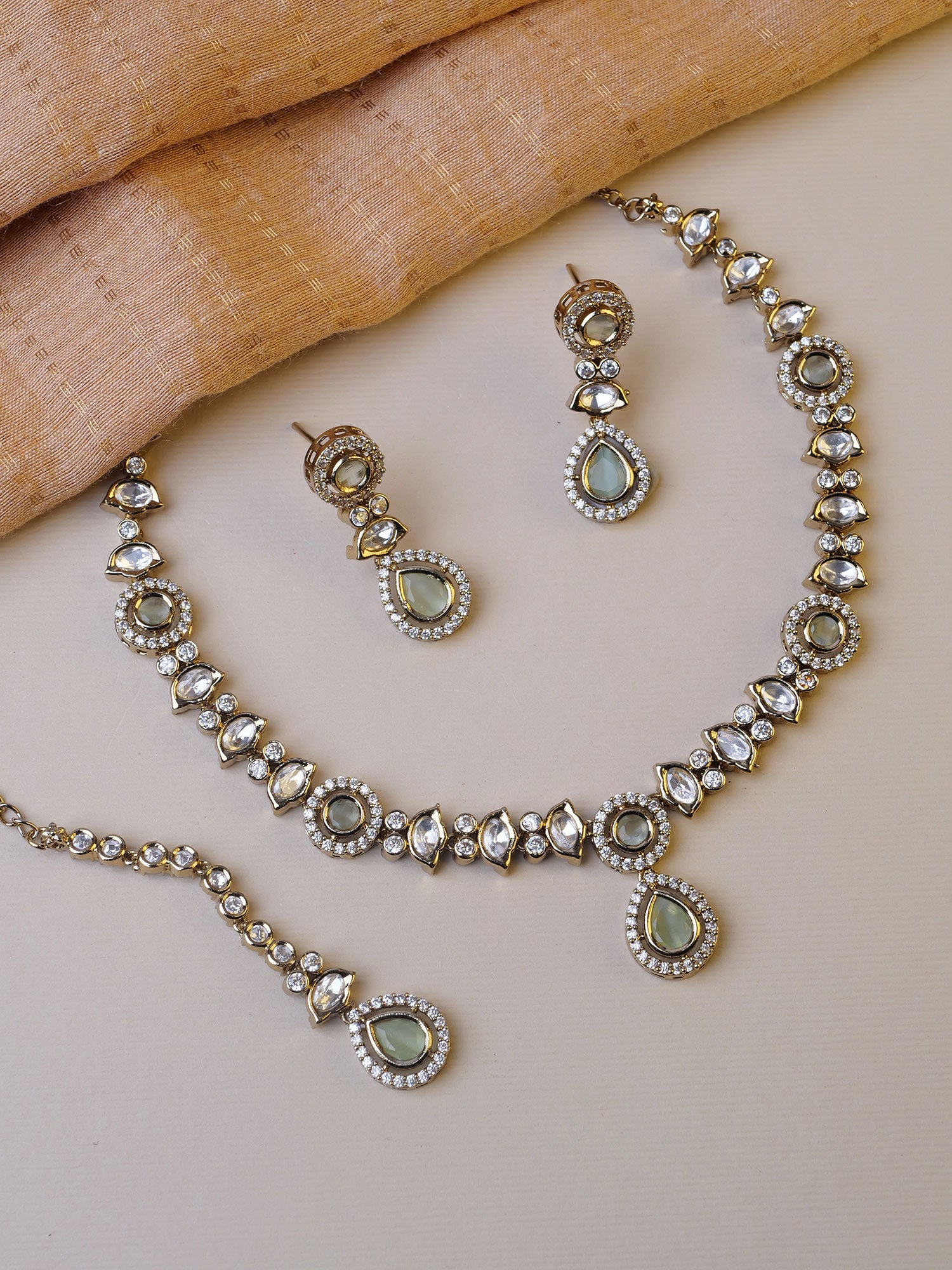 Neera Kundan Necklace Set in Mint