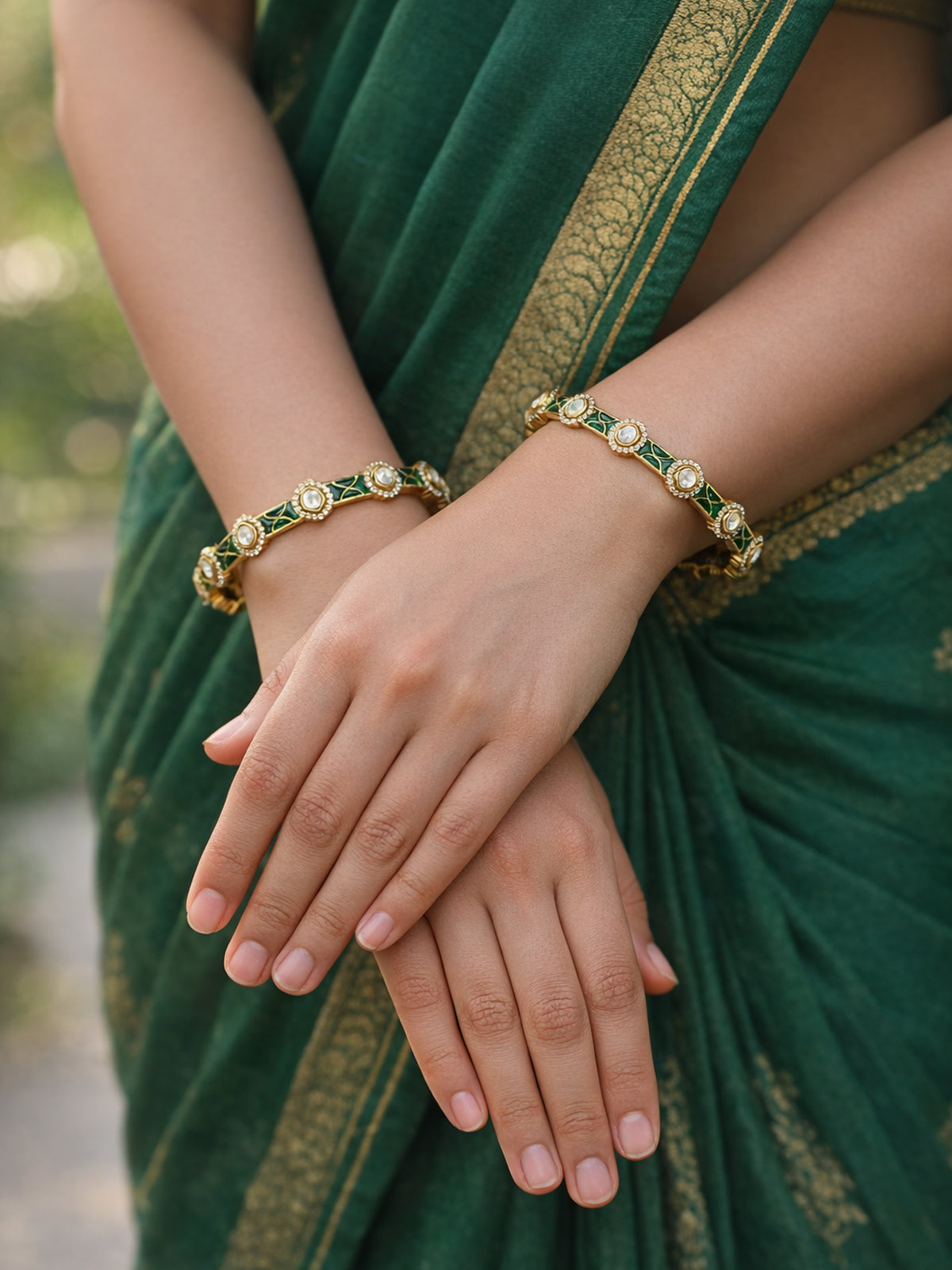 Neysa Kundan Bangles in Green 