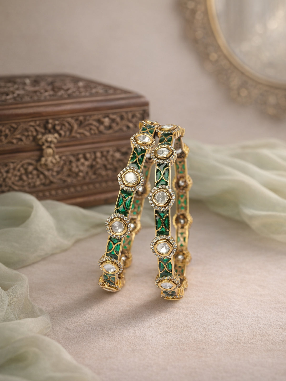 Neysa Kundan Bangles in Green 