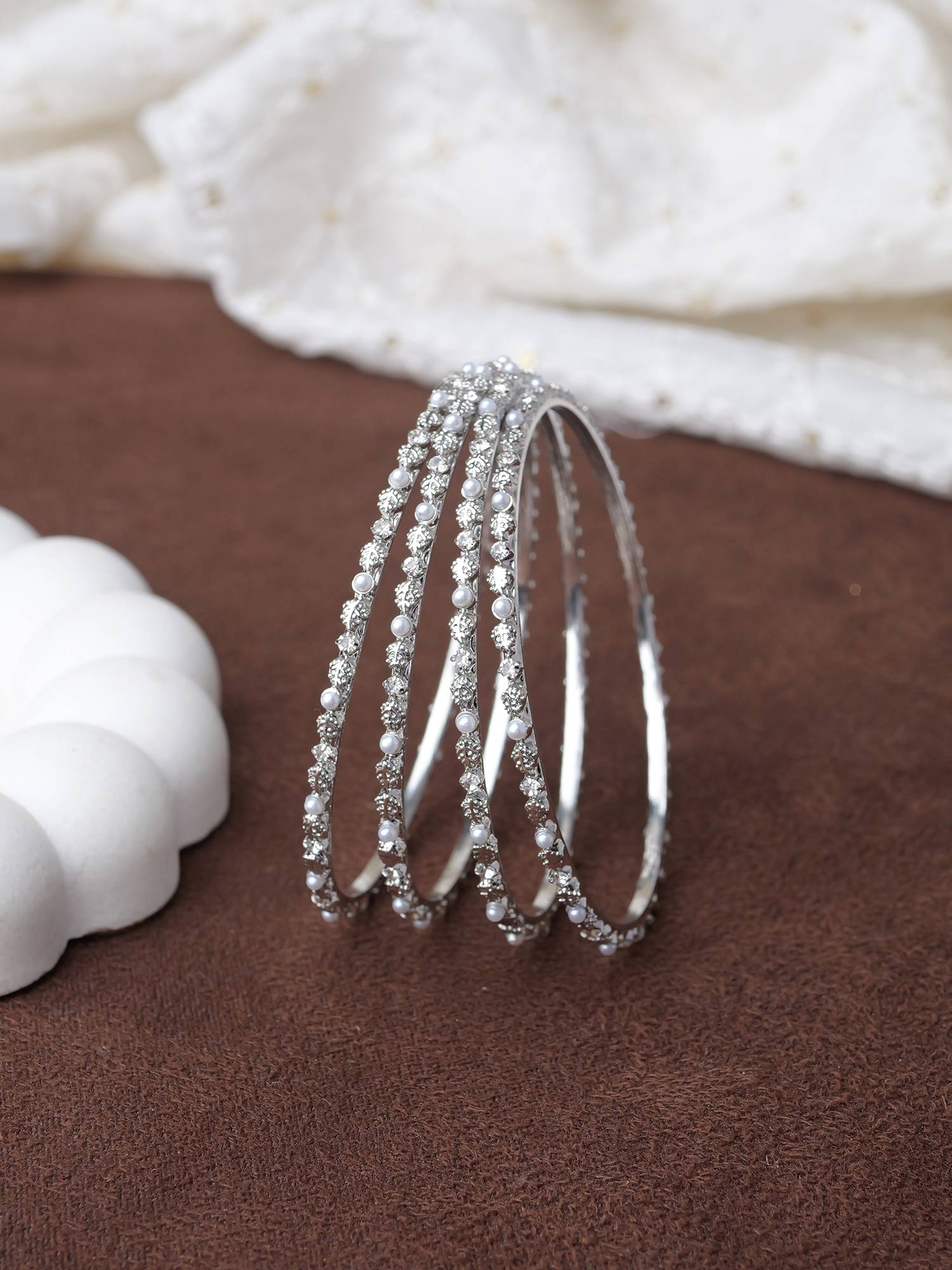 Nimaya Diamante Bangles in Pearl and Rhodium