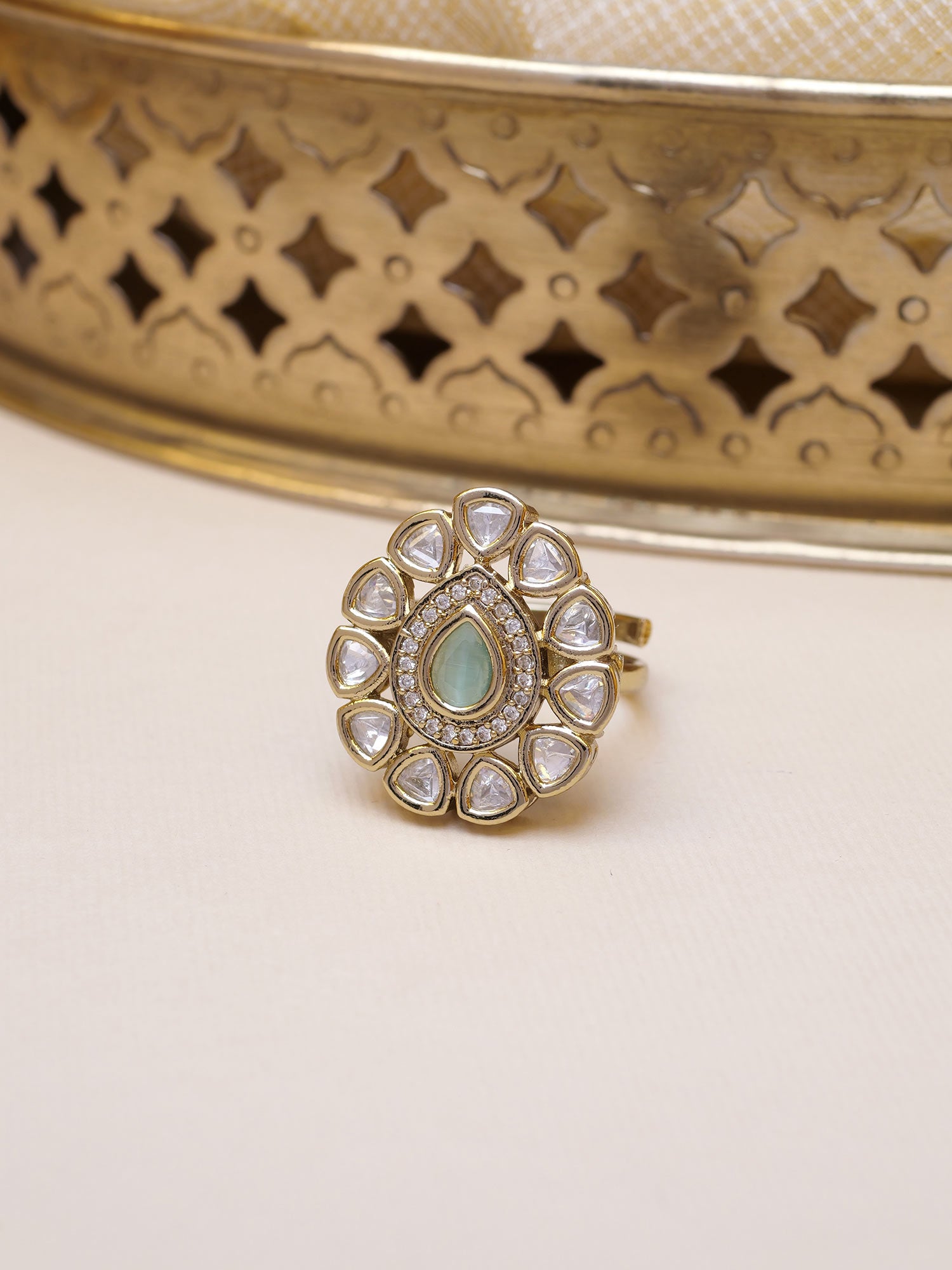 Niya Kundan Ring in Mint and Antique Gold