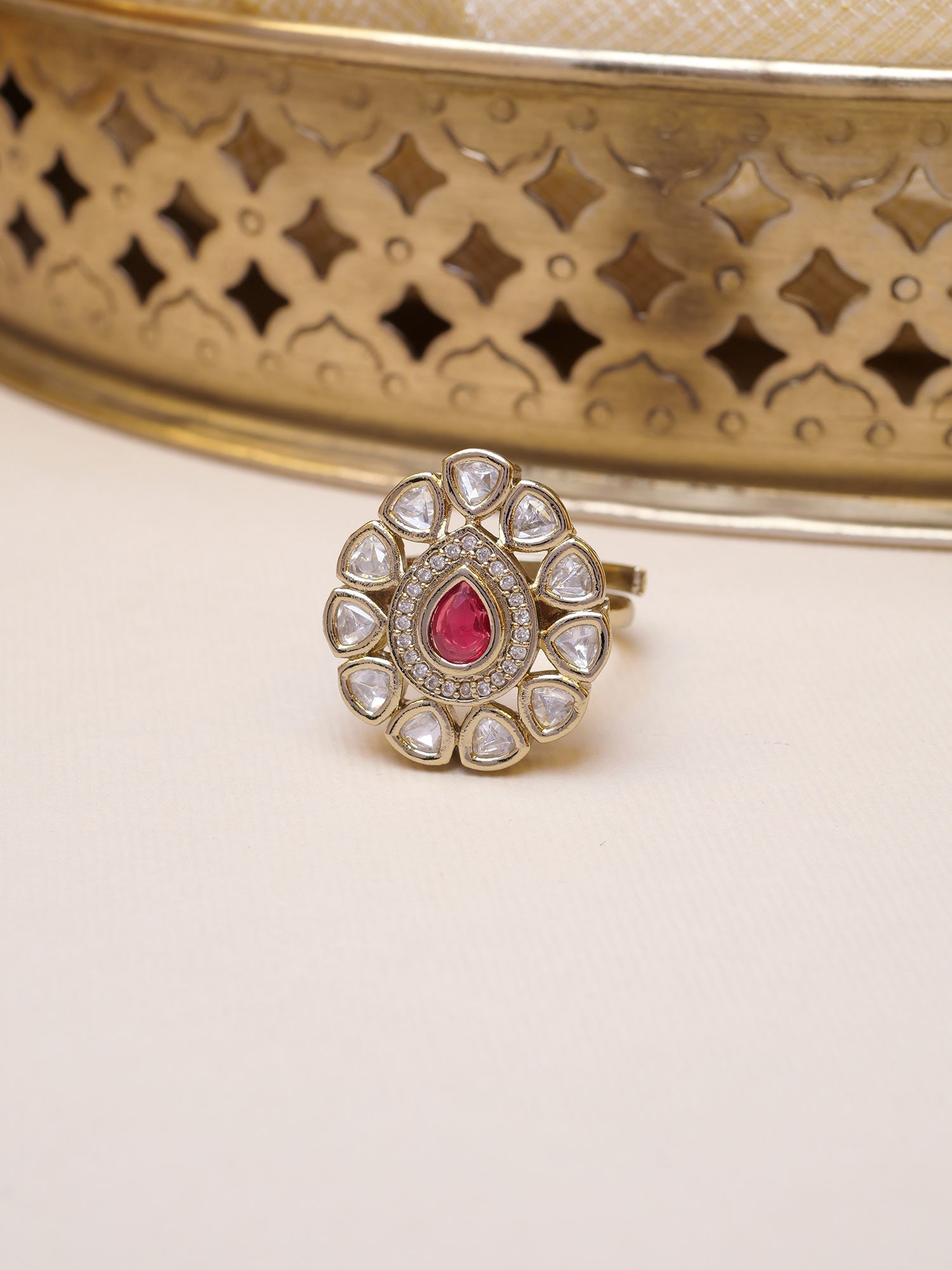 Niya Kundan Ring in Ruby and Antique Gold