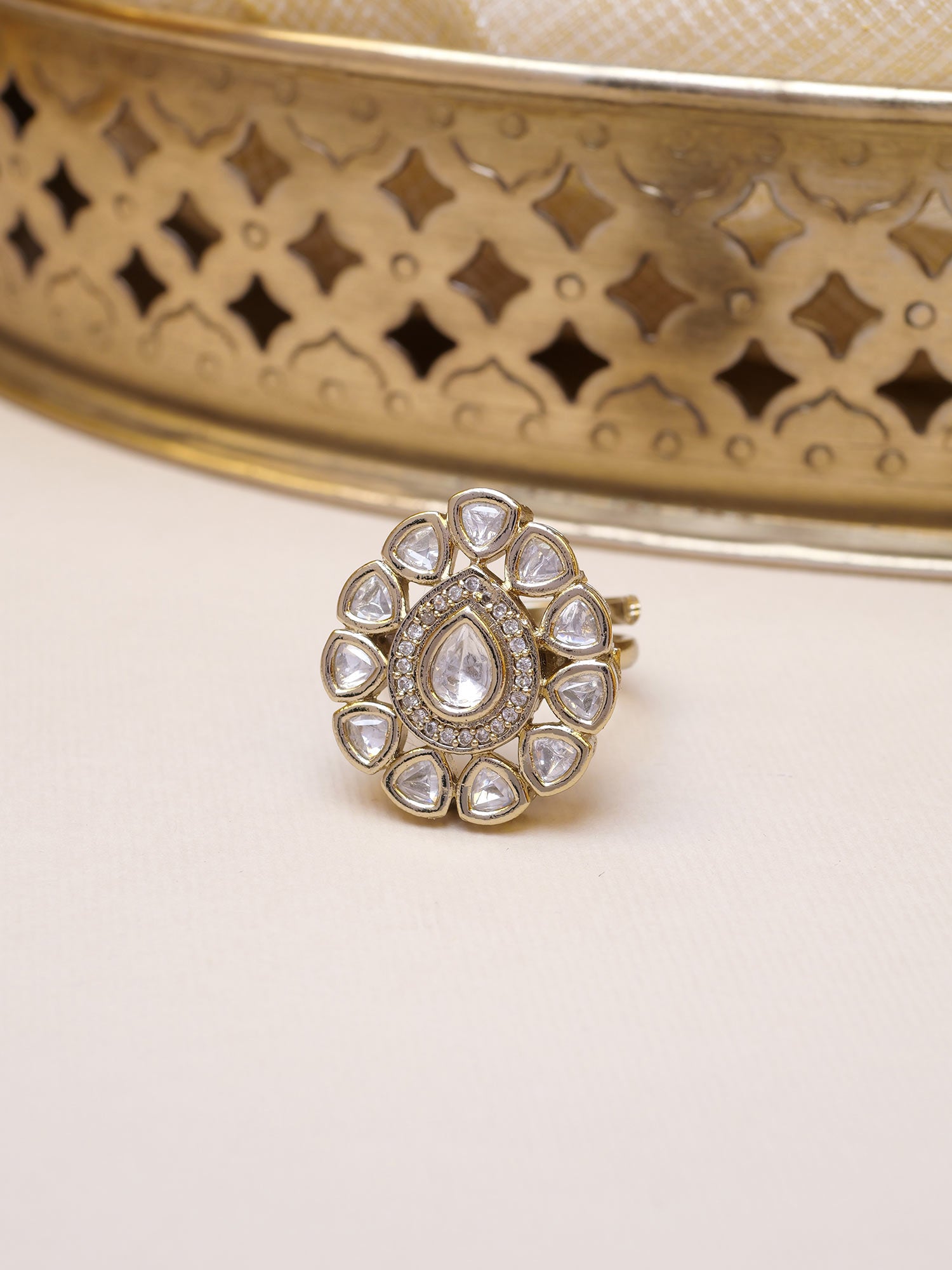 Niya Kundan Ring in White and Antique Gold