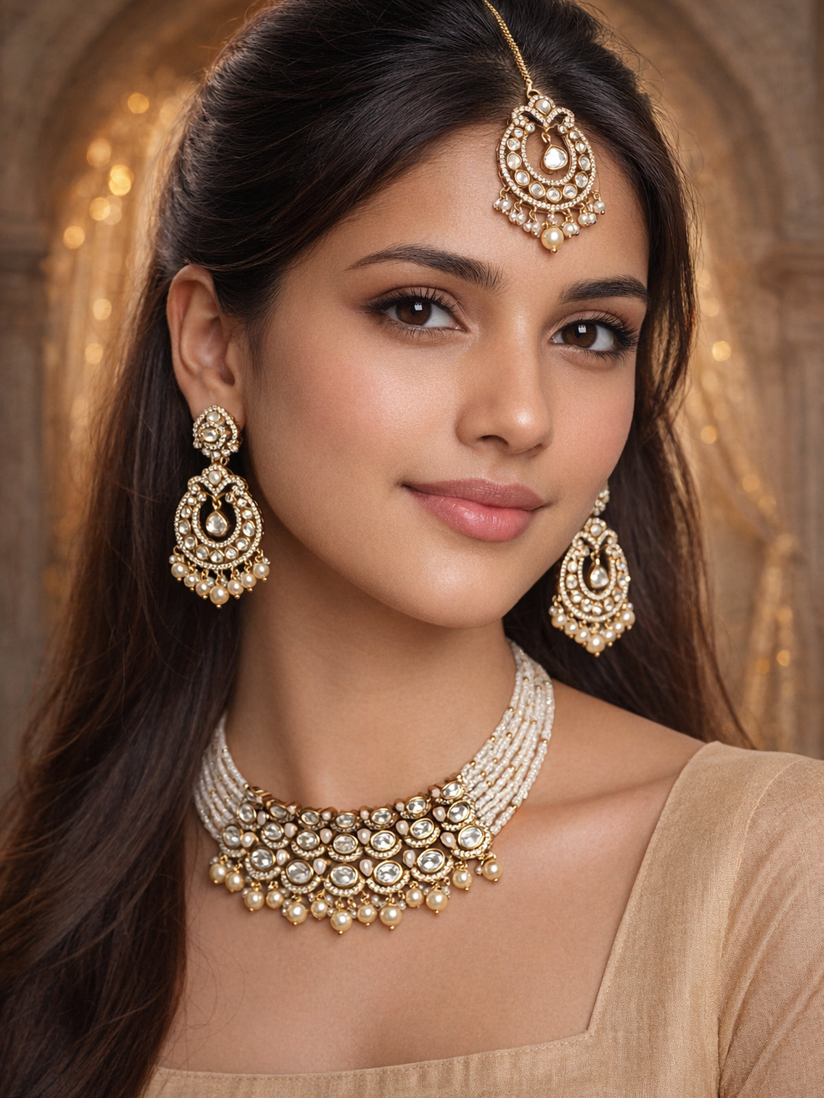 Noorani Kundan Choker Set in White and Pearl 