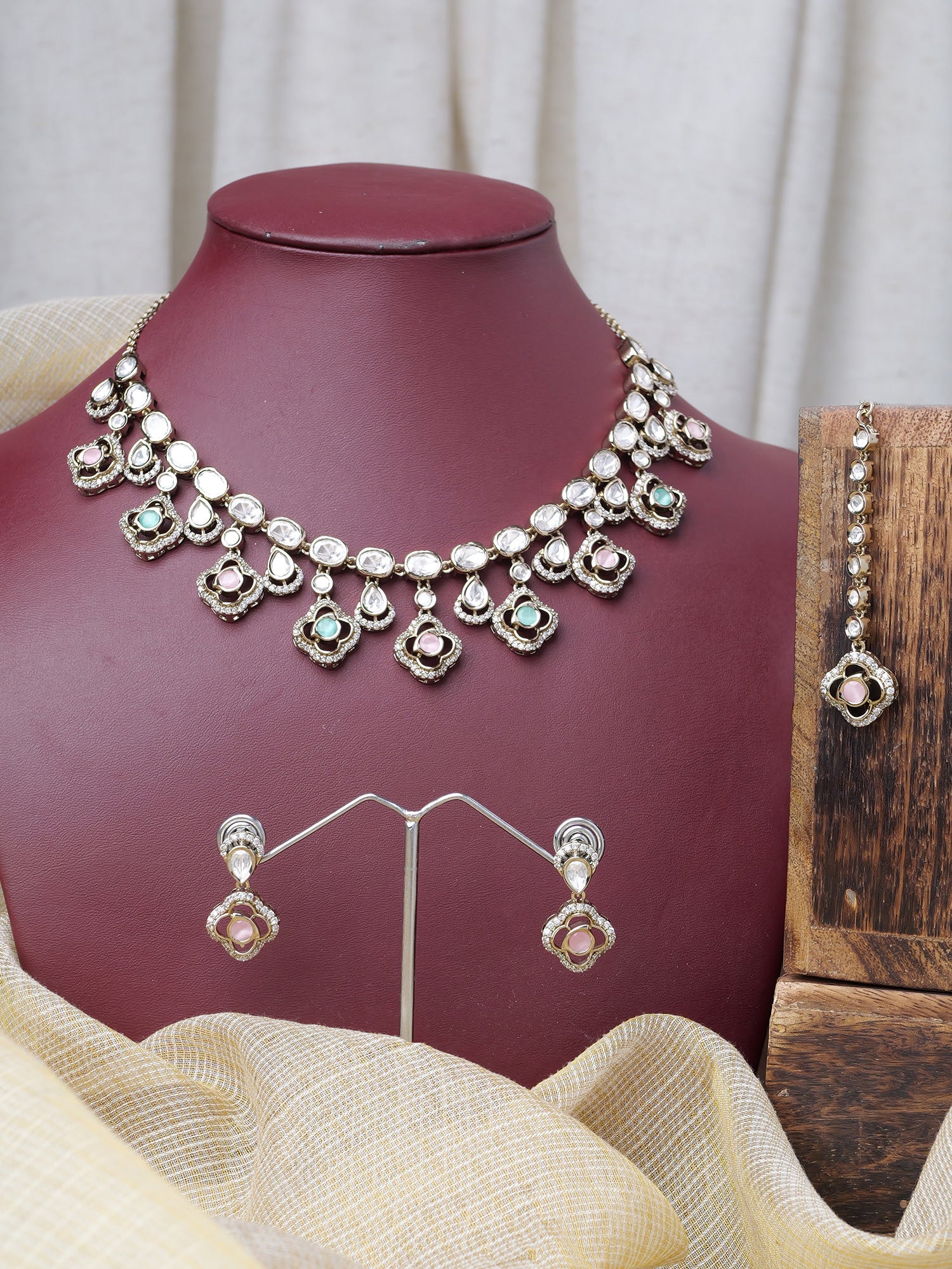 Nosheen Kundan Necklace Set in Mint and Pink