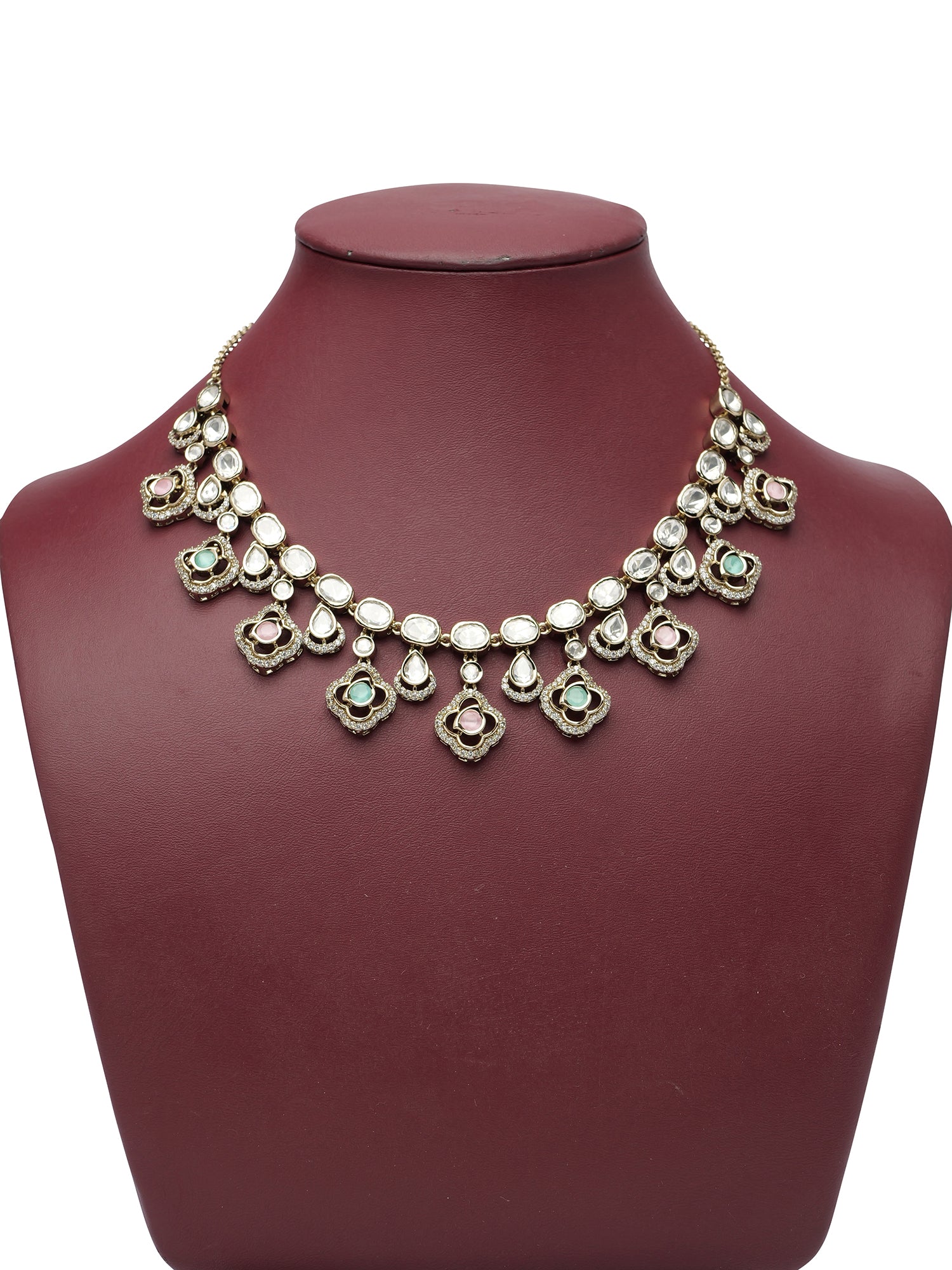 Nosheen Kundan Necklace Set in Mint and Pink