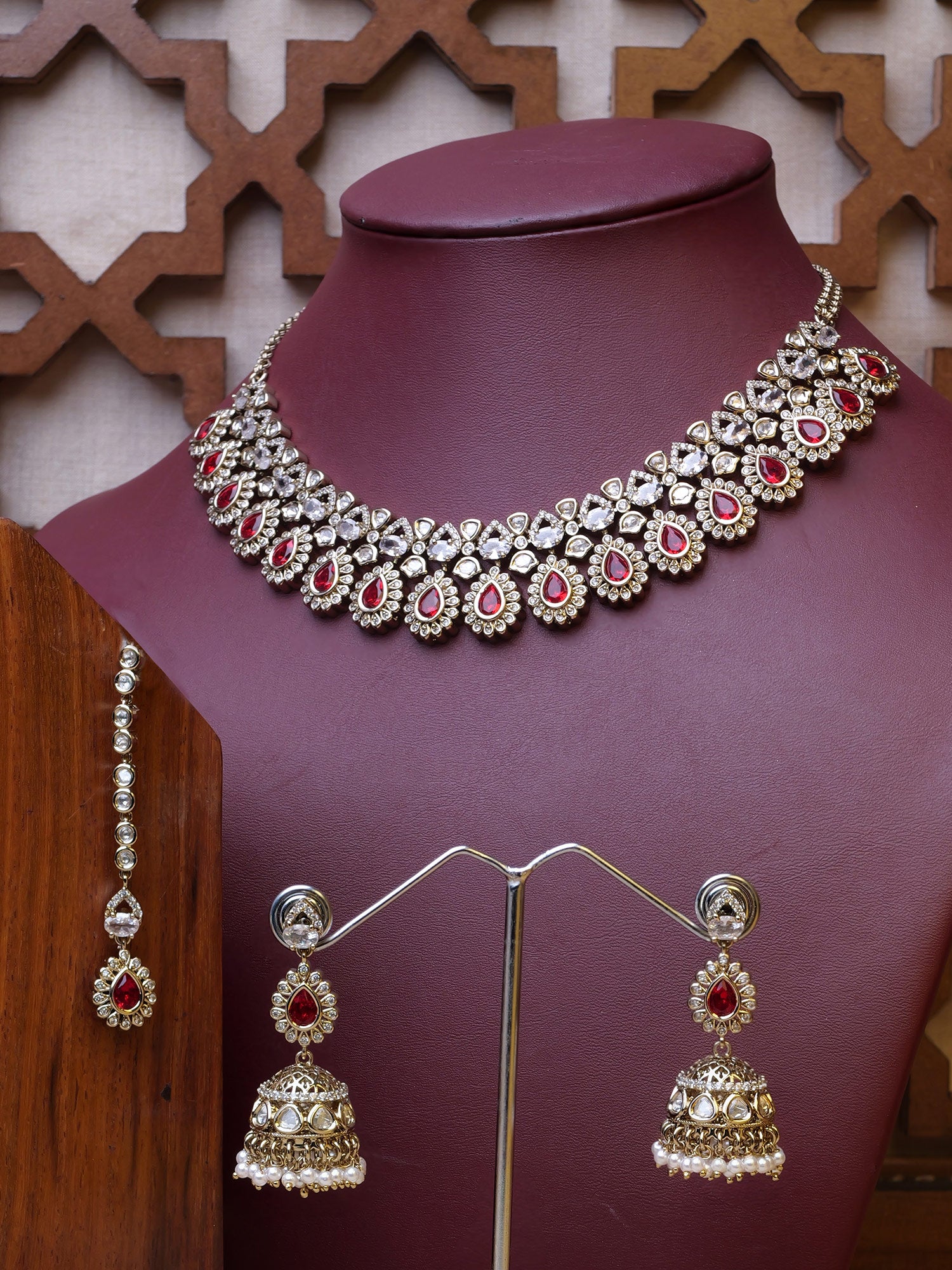 Noura Kundan Necklace Set in Maroon and Antique Gold