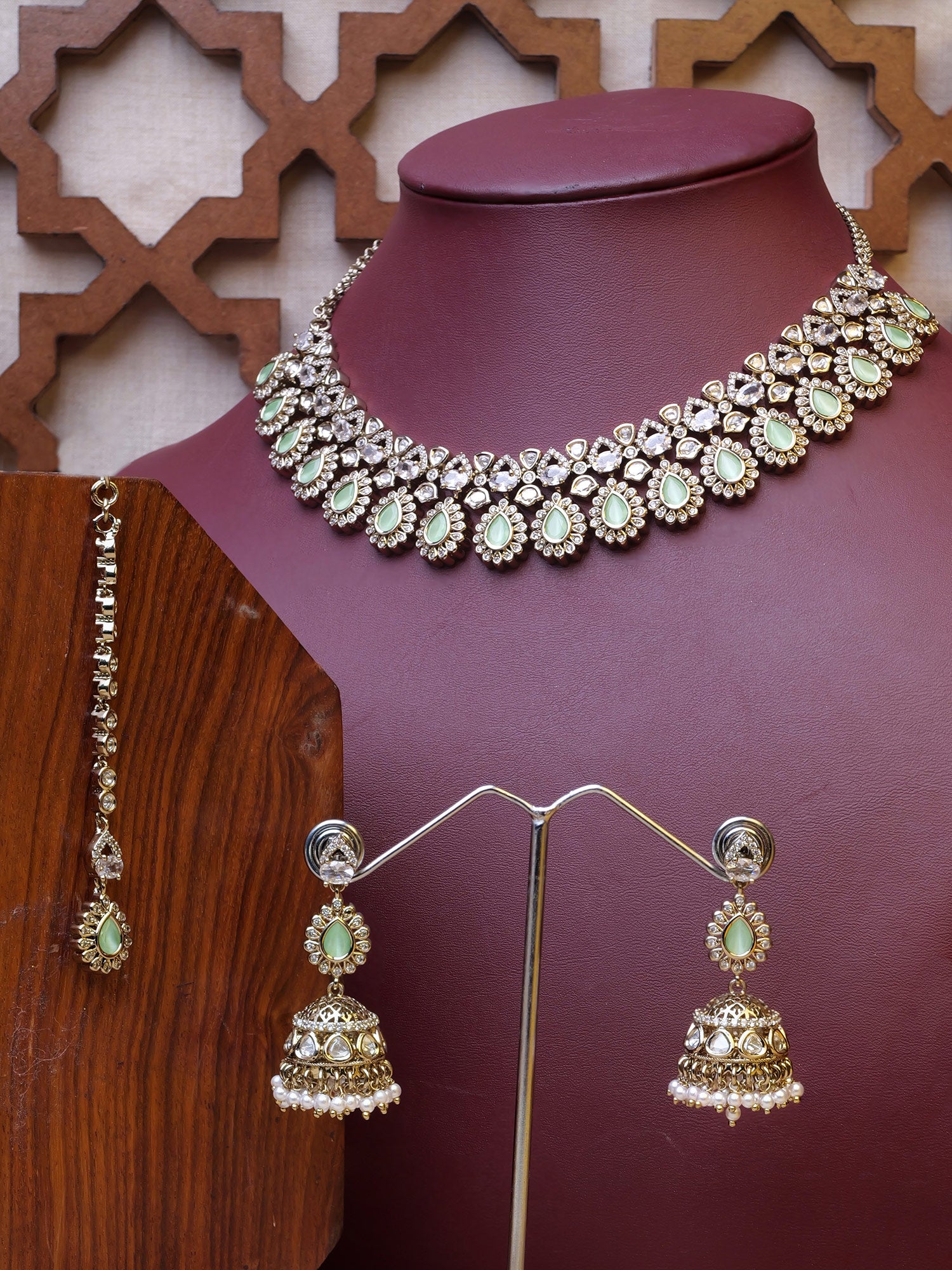 Noura Kundan Necklace Set in Mint and Antique Gold