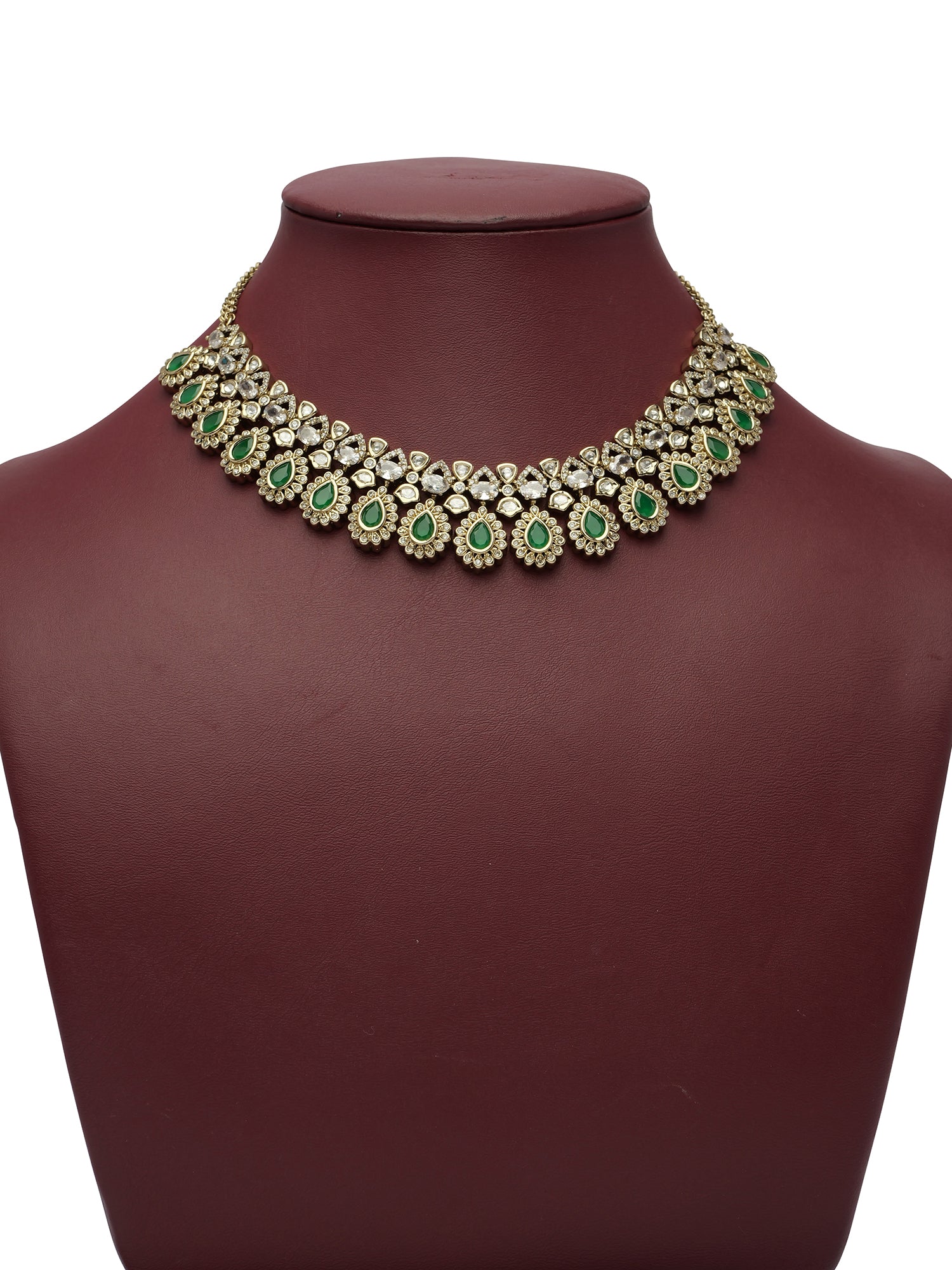 Noura Kundan Necklace Set in Green and Antique Gold