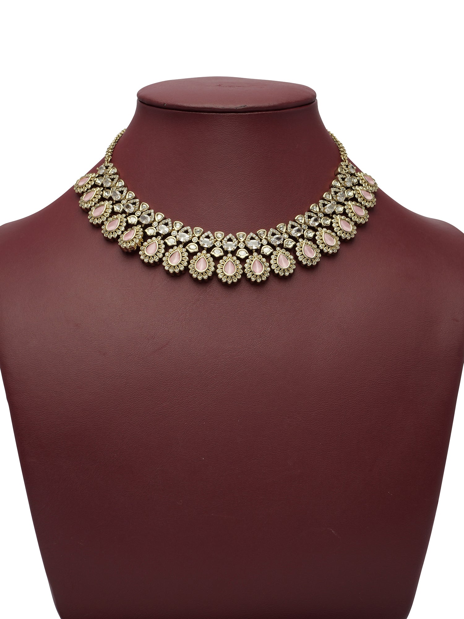 Noura Kundan Necklace Set in Light Pink and Antique Gold
