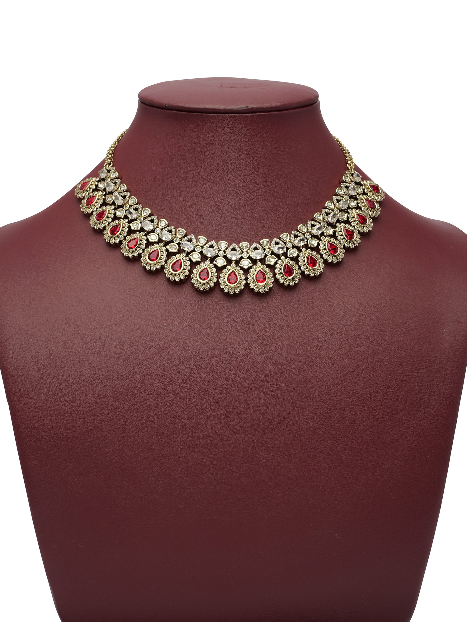 Noura Kundan Necklace Set in Maroon and Antique Gold