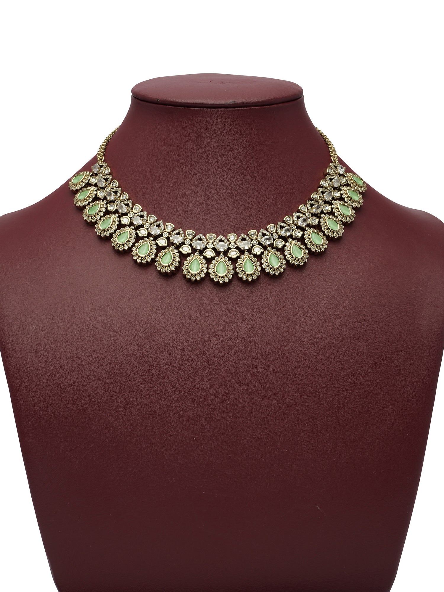 Noura Kundan Necklace Set in Mint and Antique Gold