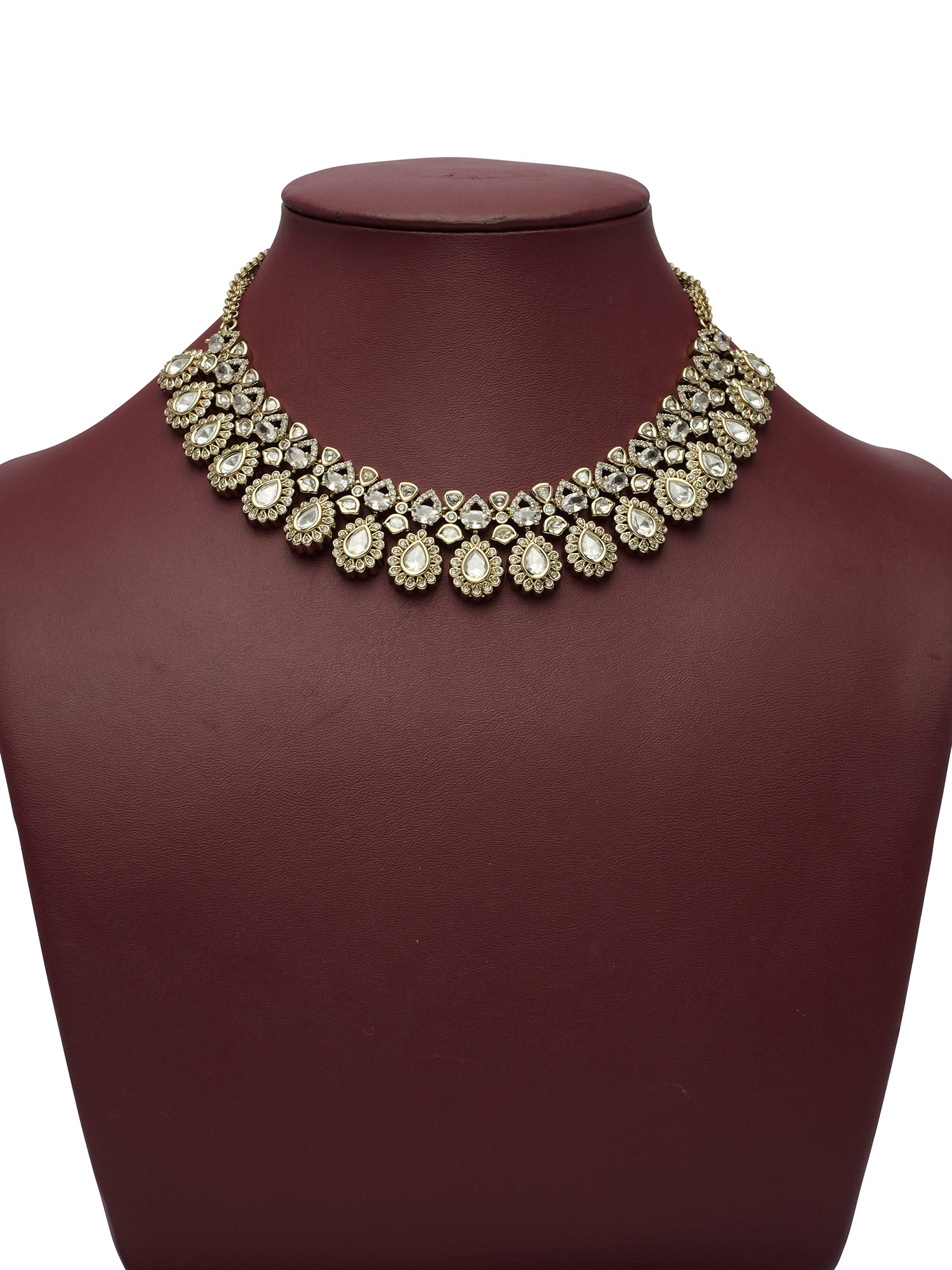Noura Kundan Necklace Set in White and Antique Gold