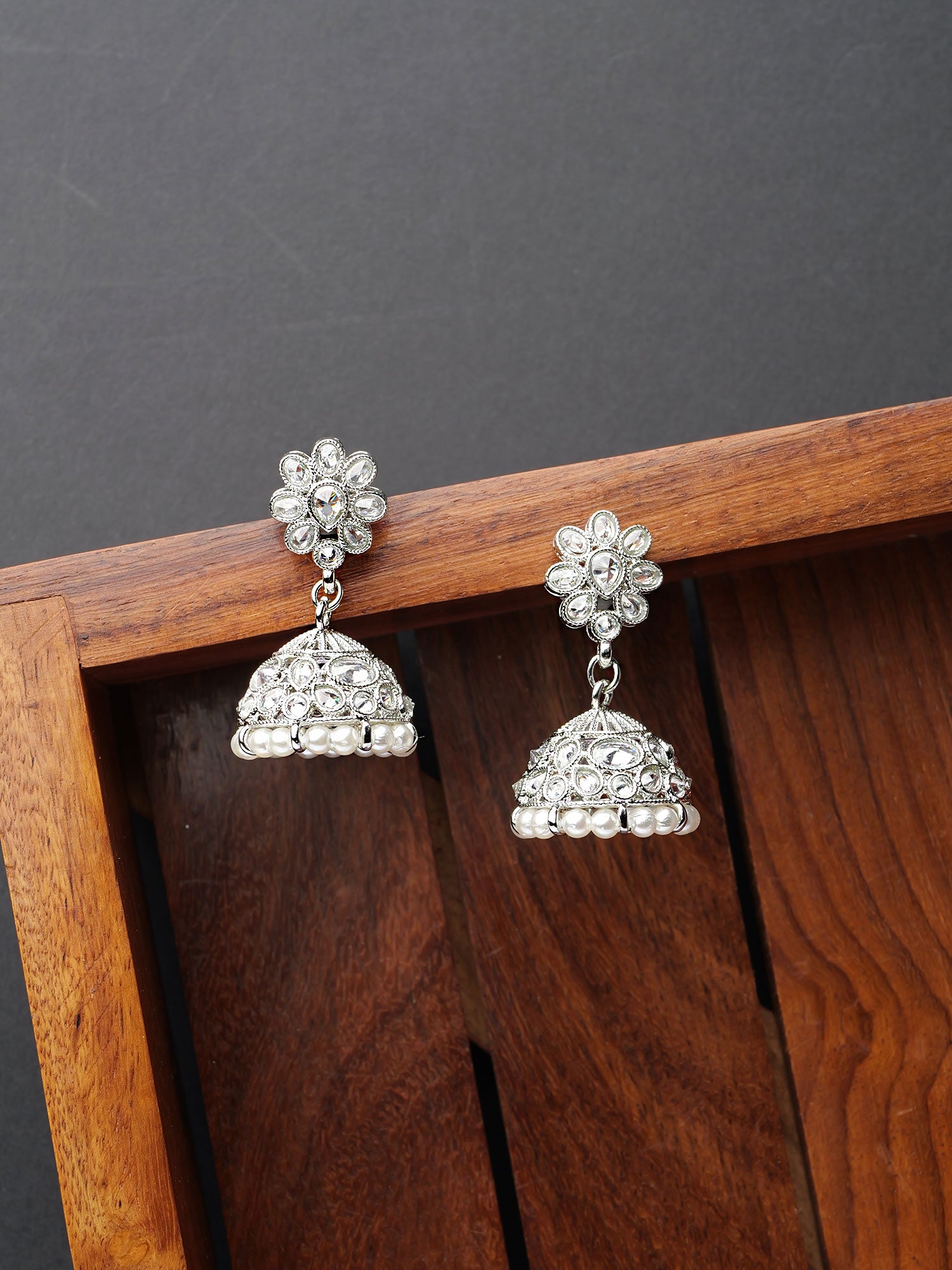 Nyra Jhumka Earrings in Rhodium