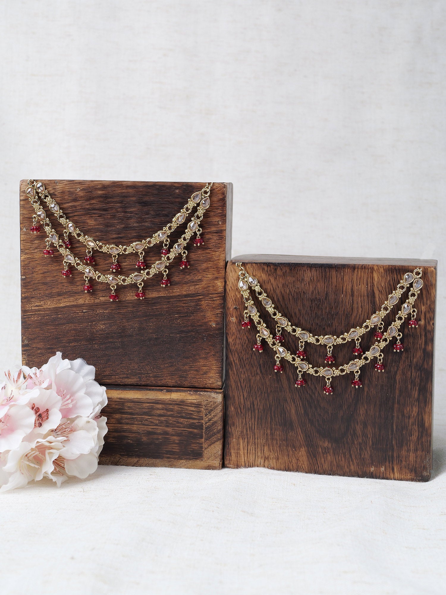 Nysha Ear Chains in Maroon and Antique Gold