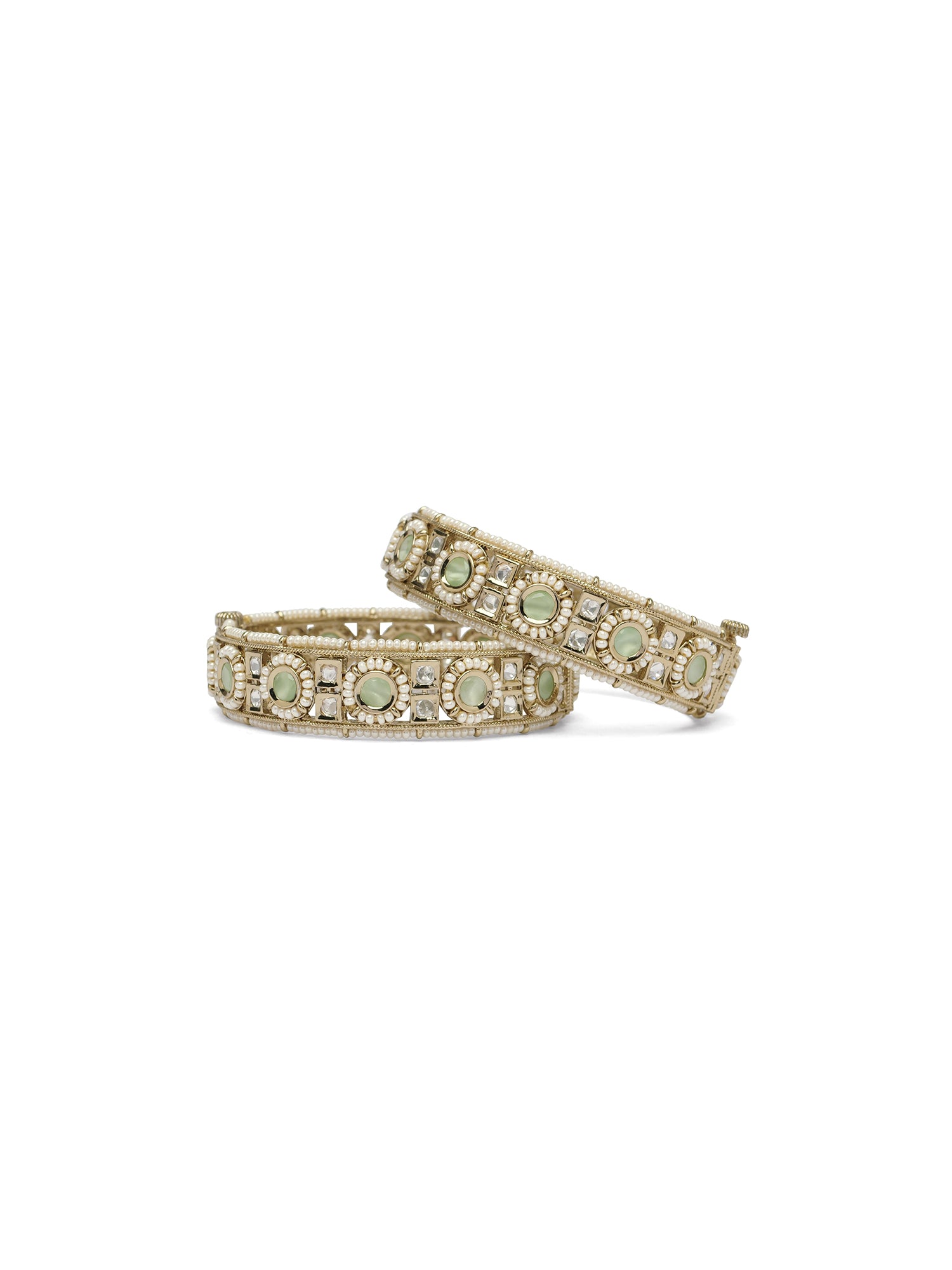 Palki Kundan Pearl Bangles in Mint
