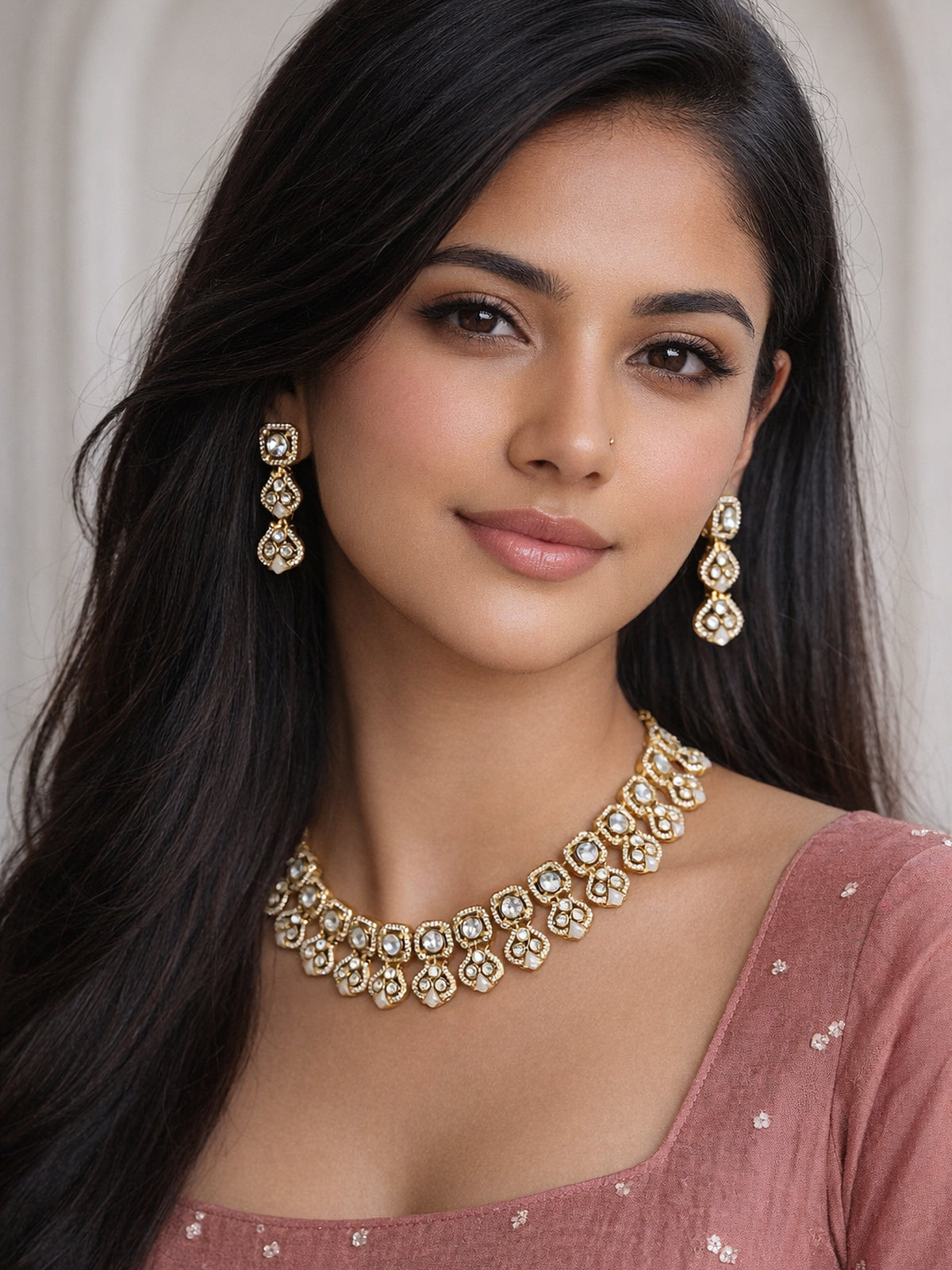 Parisa Kundan Necklace Set in White 