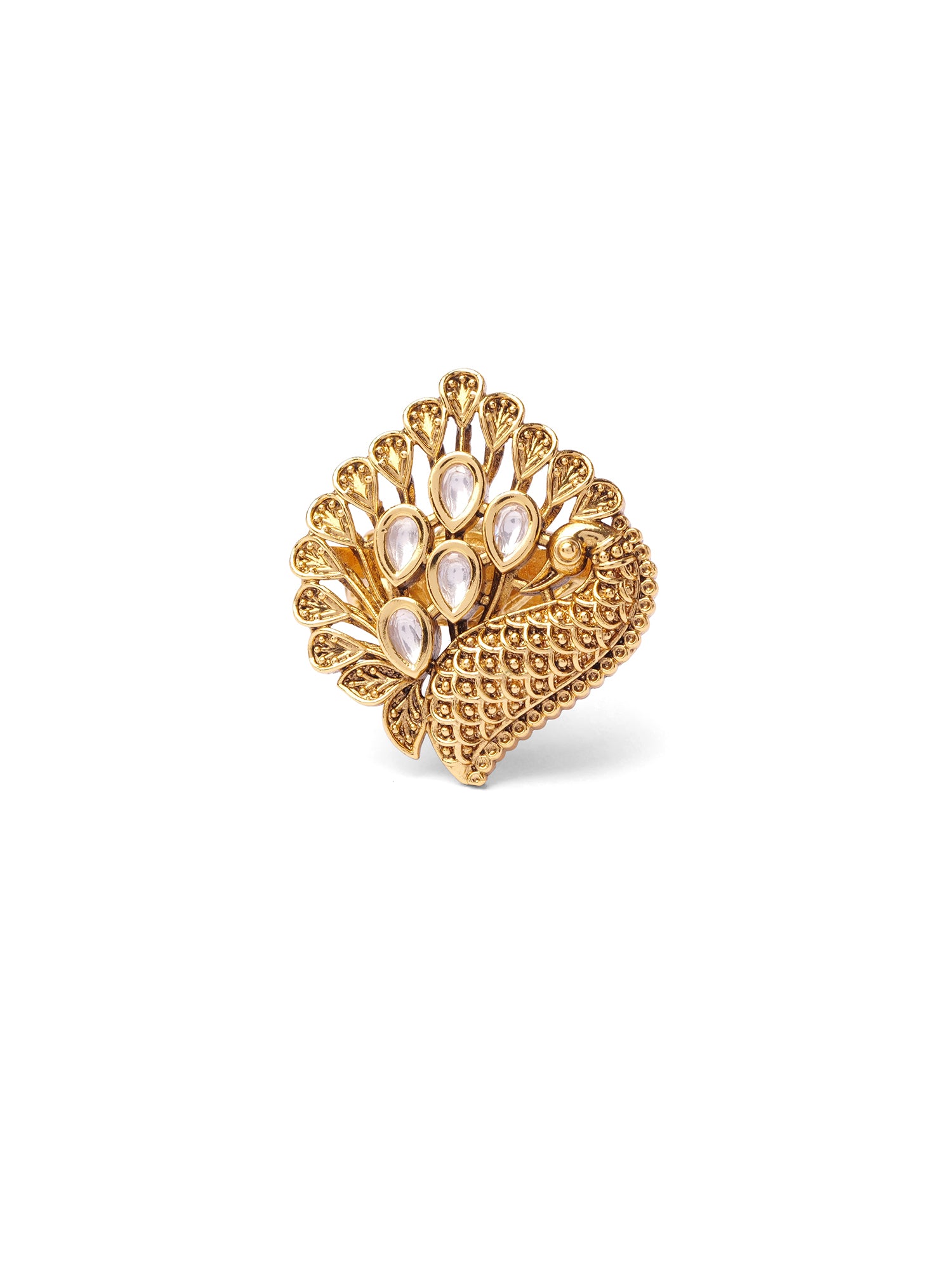 Peacock Kundan Ring in White