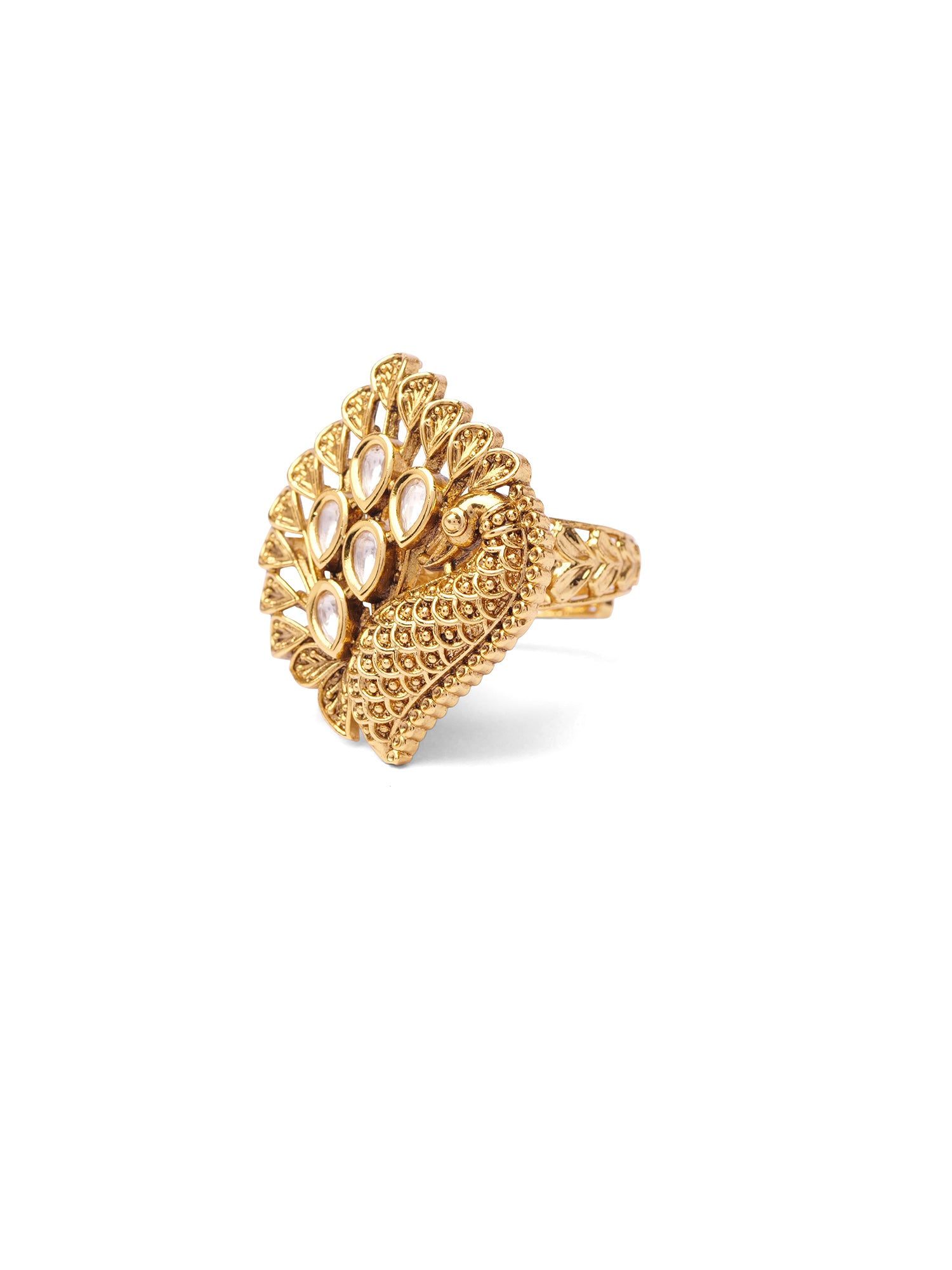 Peacock Kundan Ring in White