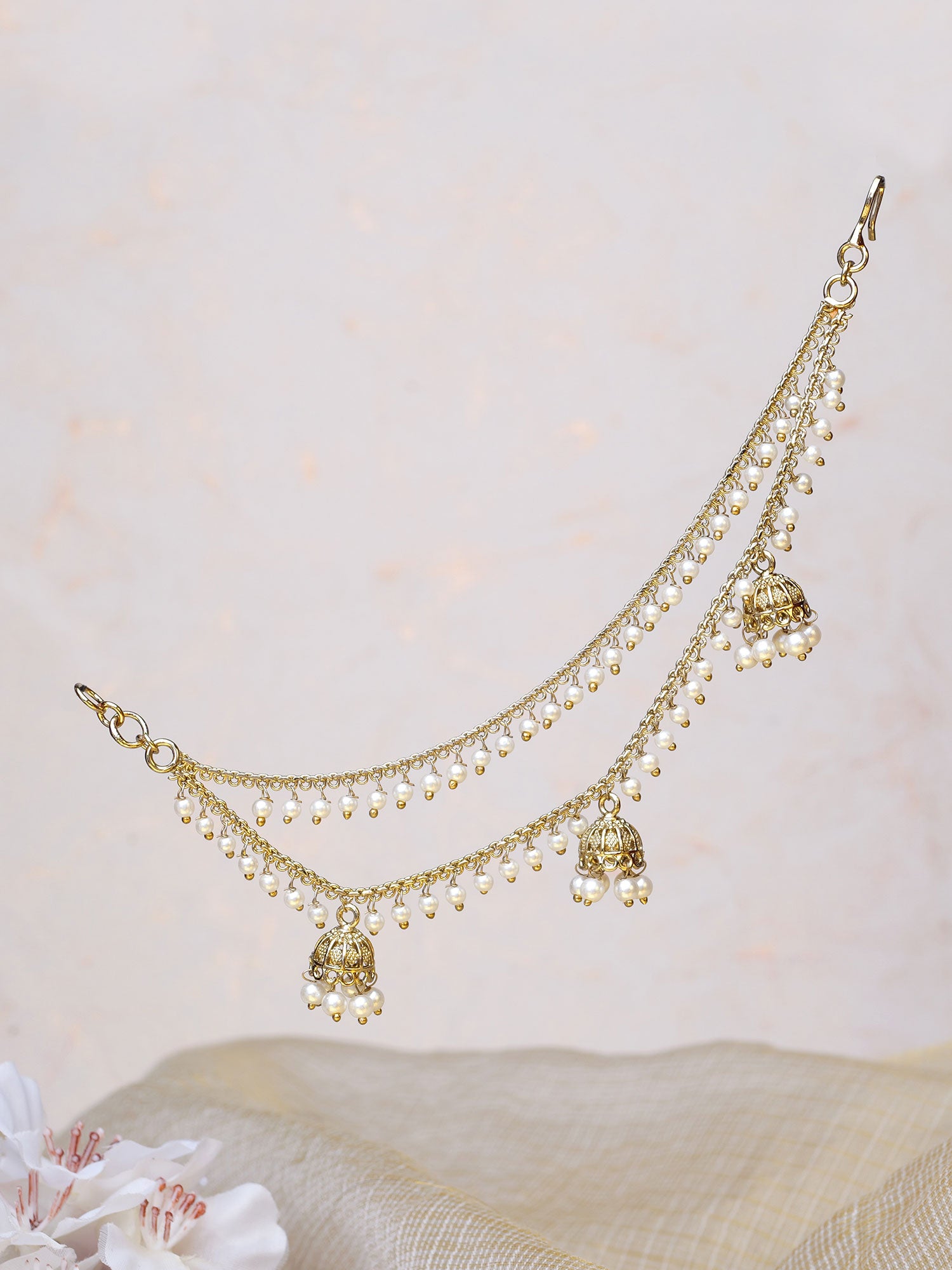 Pearl Droplet Jhumka Ear Chains in White