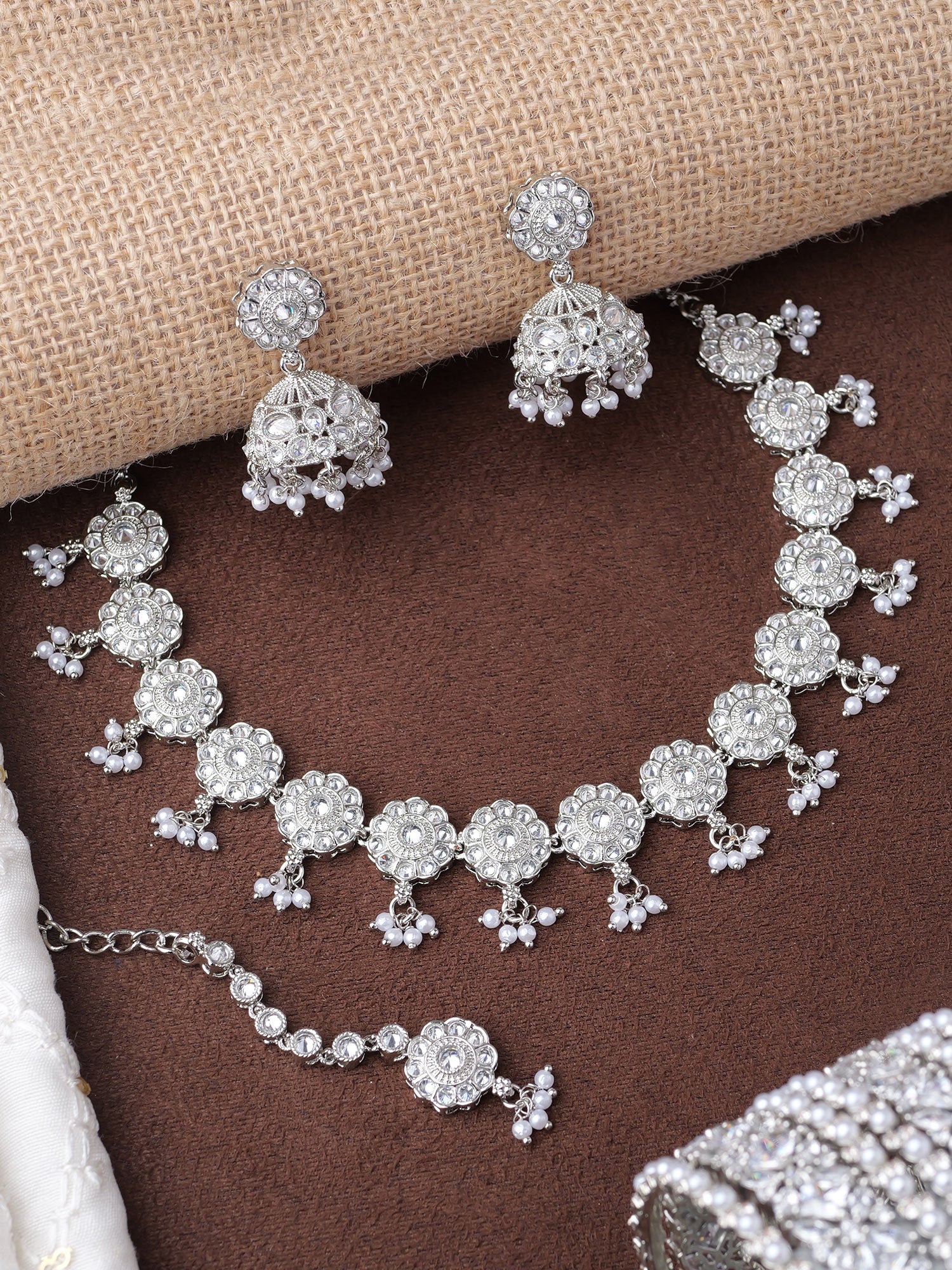 Phool Necklace Set in Rhodium