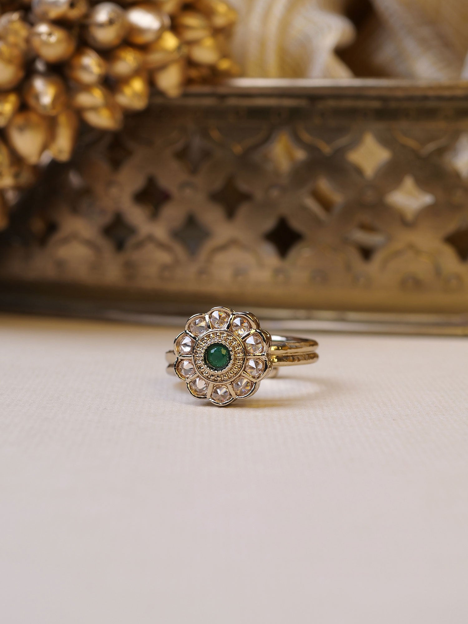 Phool Ring in Green and Antique Gold