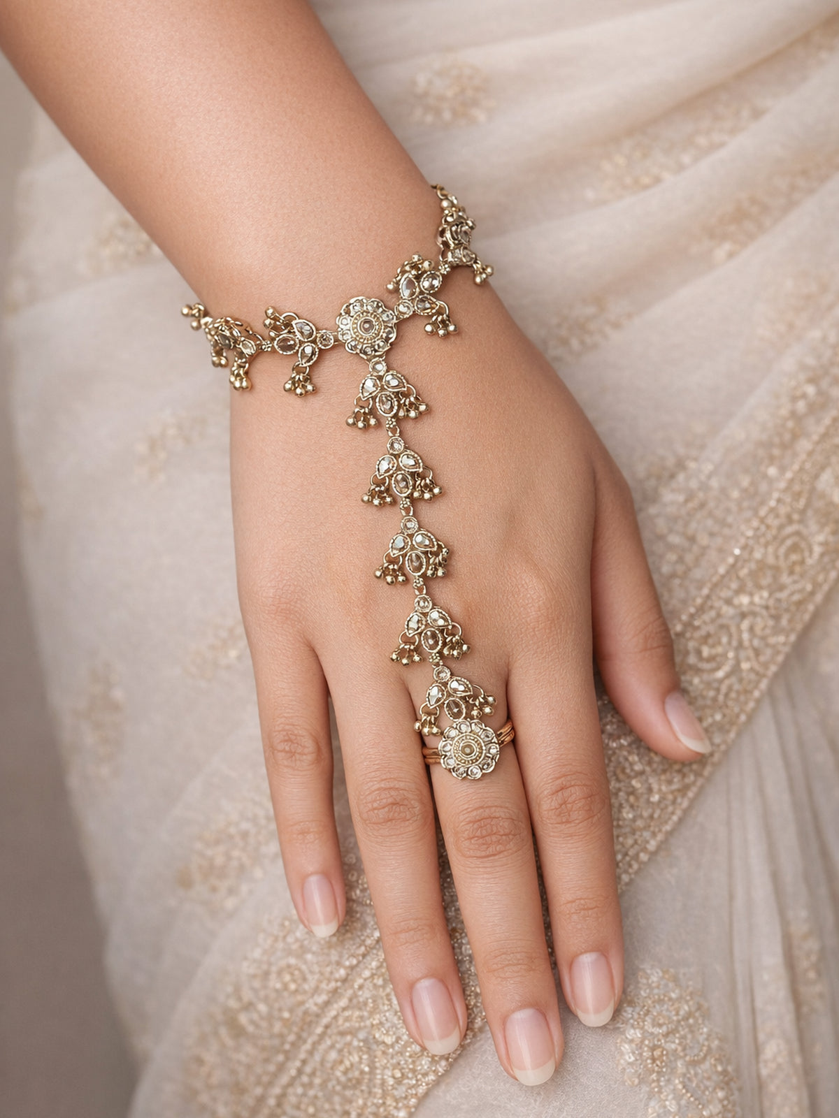 Phool Crystal Hand Chain in Antique Gold 