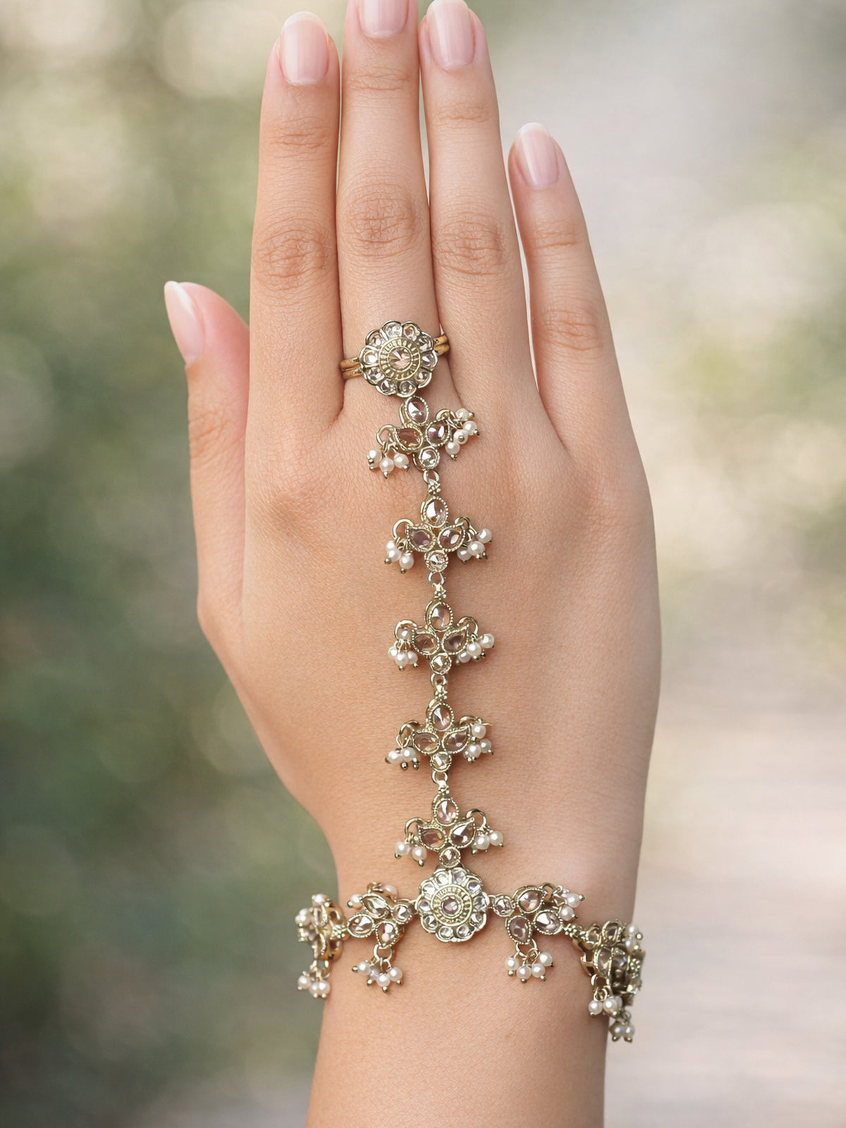Phool Crystal Hand Chain in Champagne 