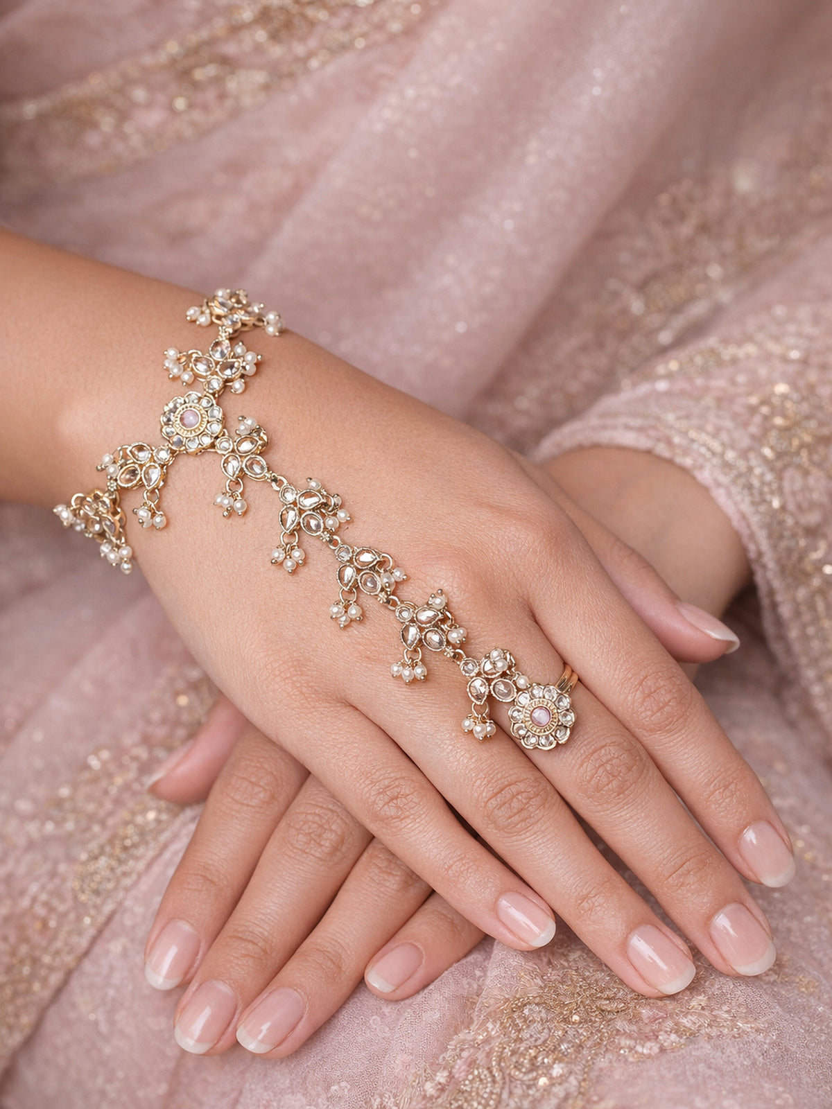 Phool Crystal Hand Chain in Light Pink 