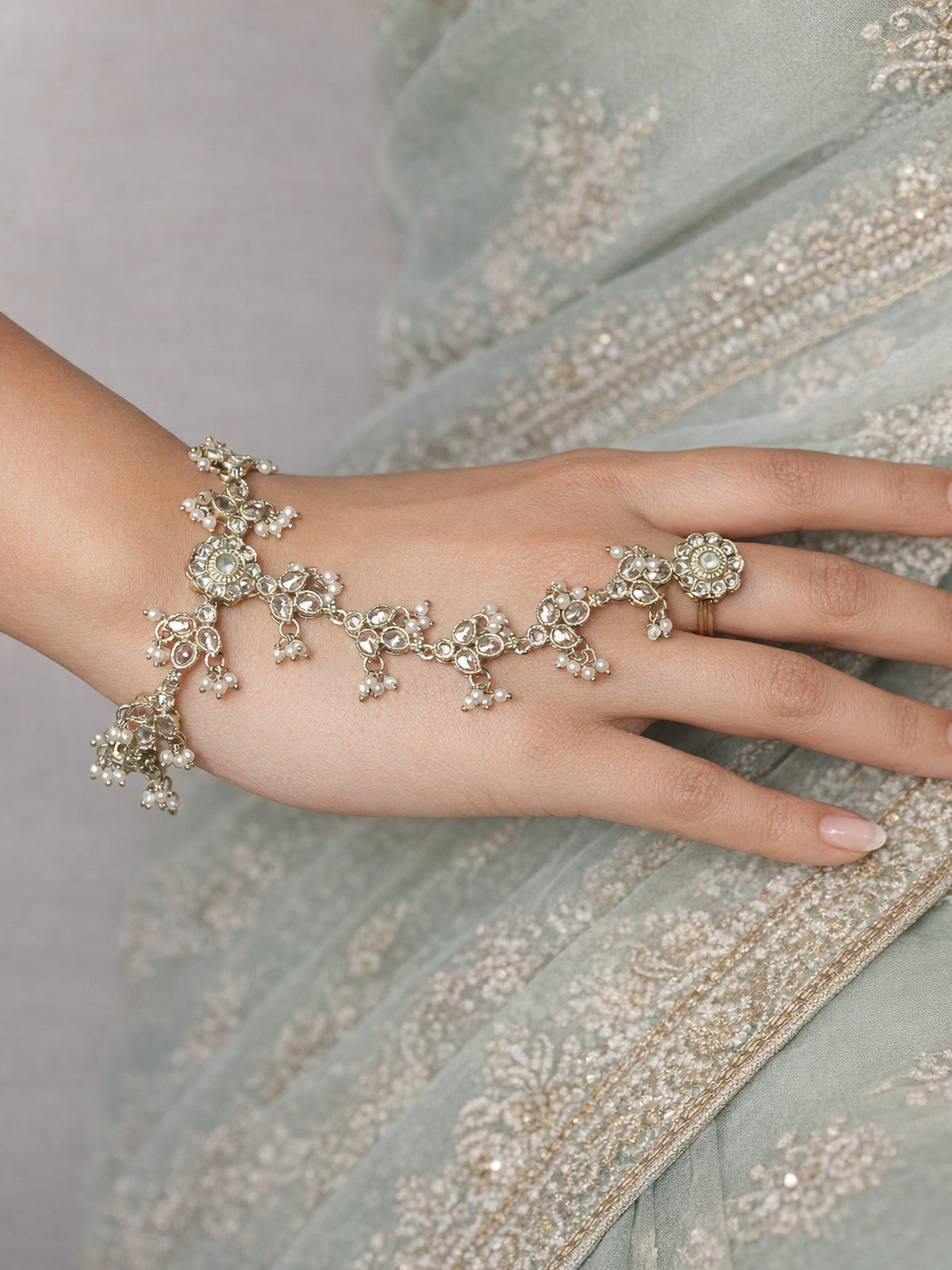 Phool Crystal Hand Chain in Mint 