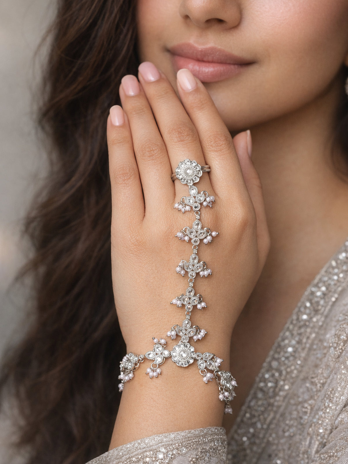 Phool Crystal Hand Chain in Rhodium 