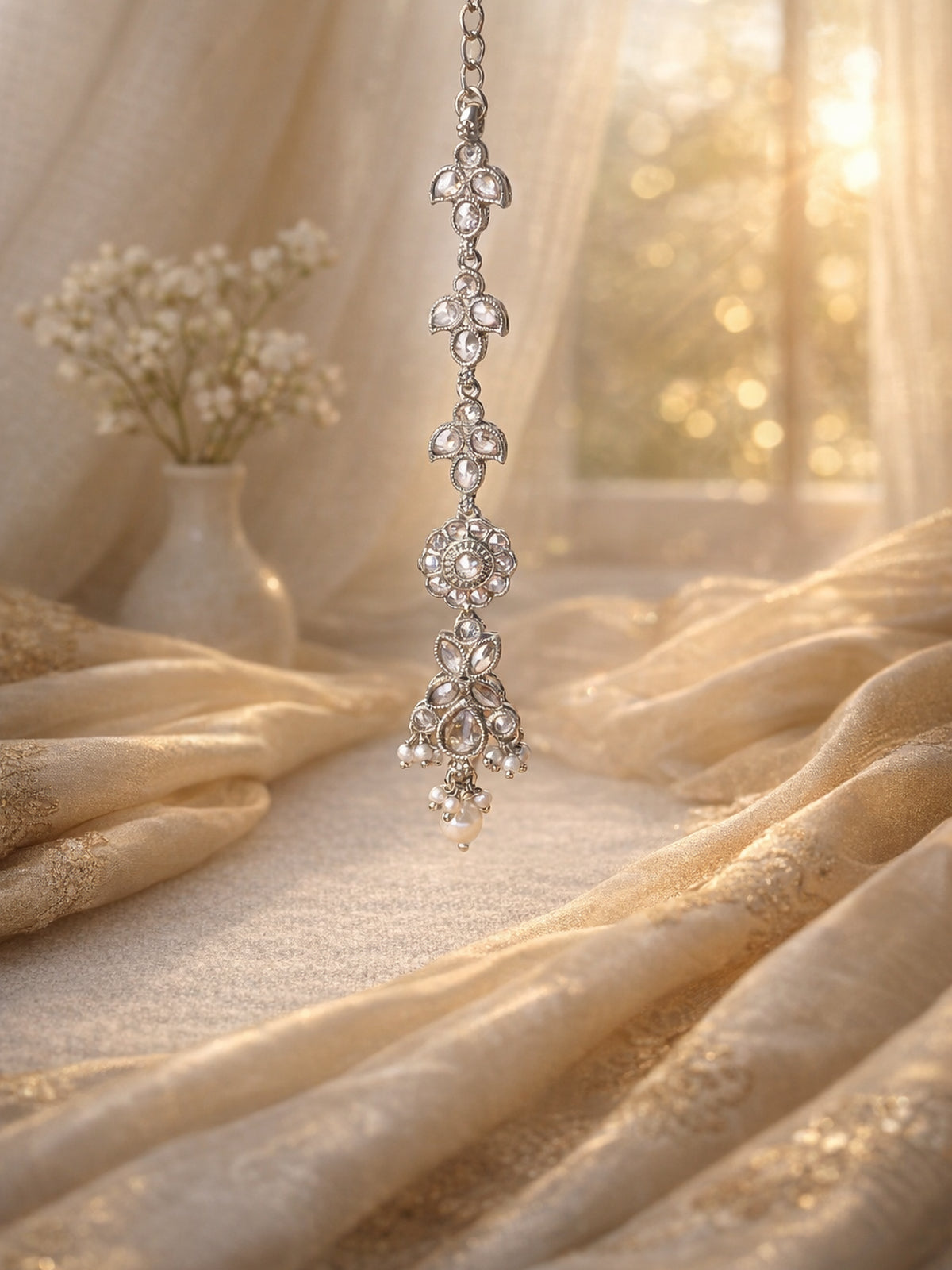 Phool Crystal Maang Tikka in Champagne